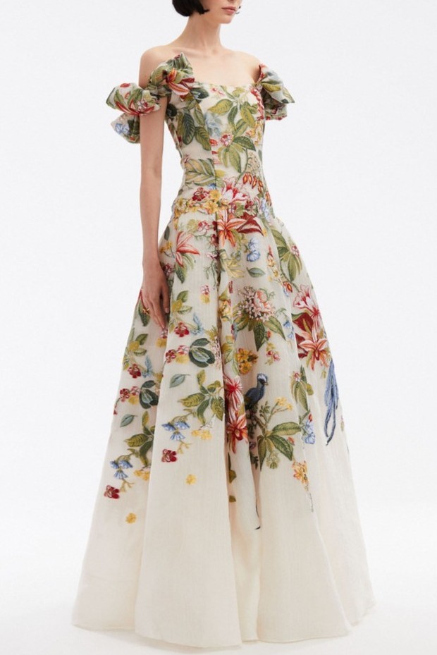 Embroidered Floral Off-Shoulder Maxi Dress