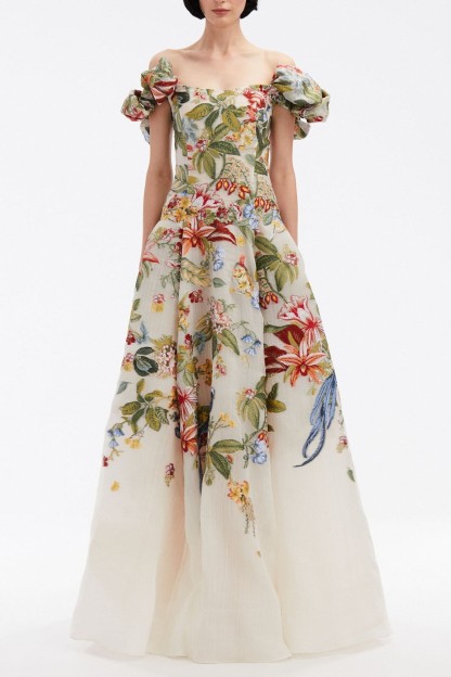Embroidered Floral Off-Shoulder Maxi Dress