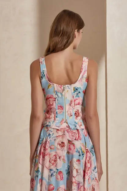 Floral Square Collar Sleeveless Top & Maxi Skirt Set