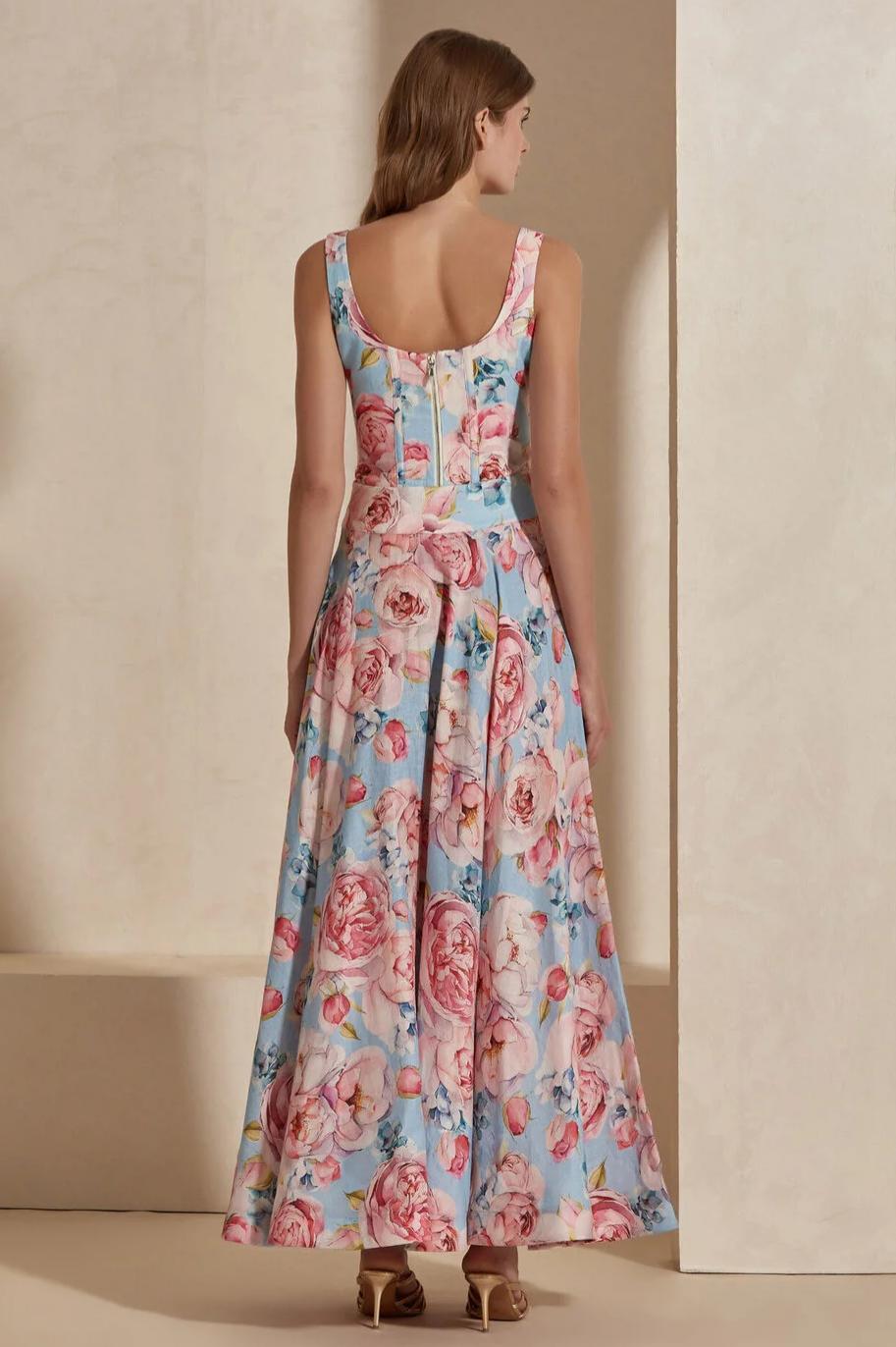 Floral Square Collar Sleeveless Top & Maxi Skirt Set