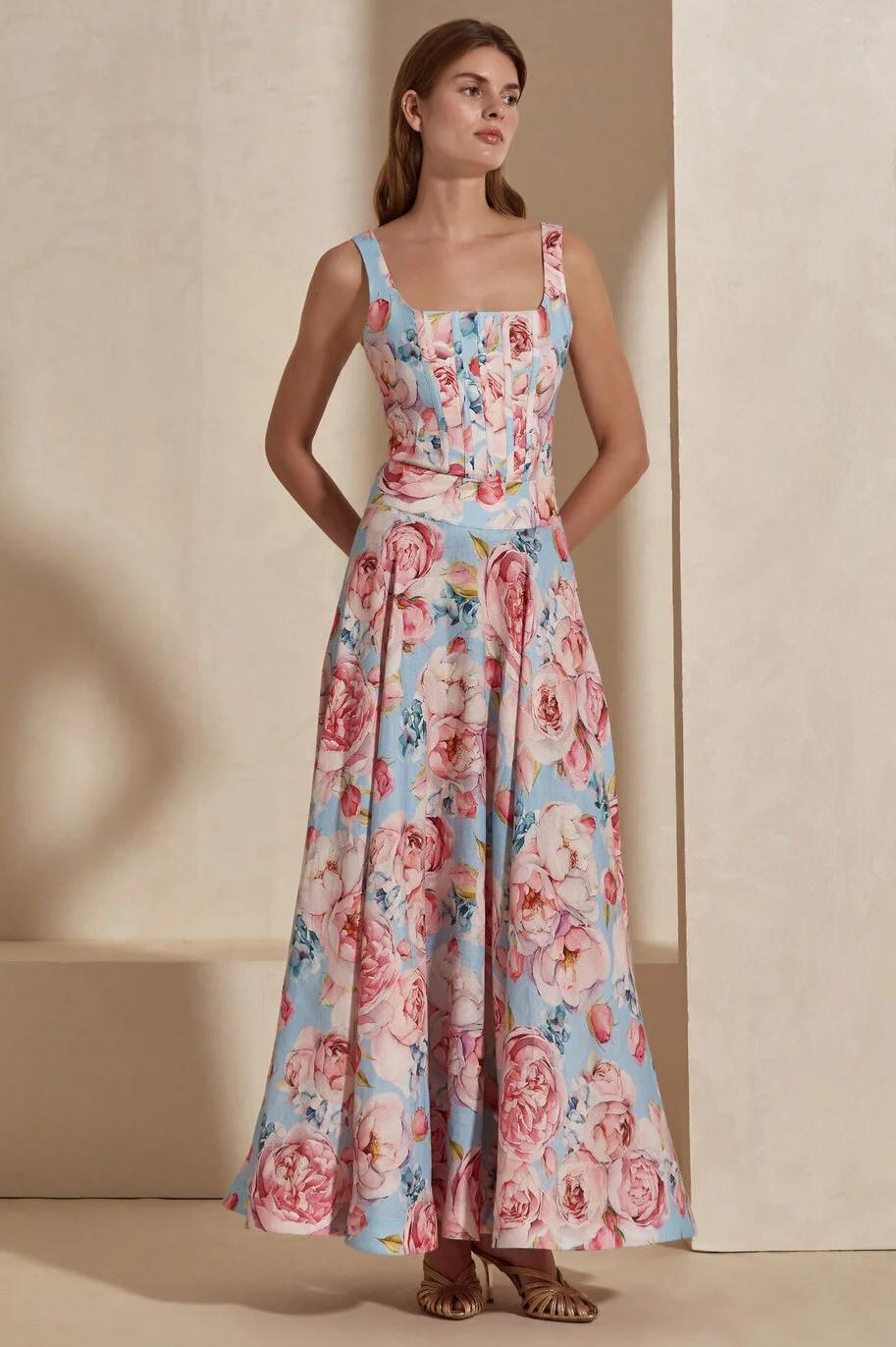 Floral Square Collar Sleeveless Top & Maxi Skirt Set