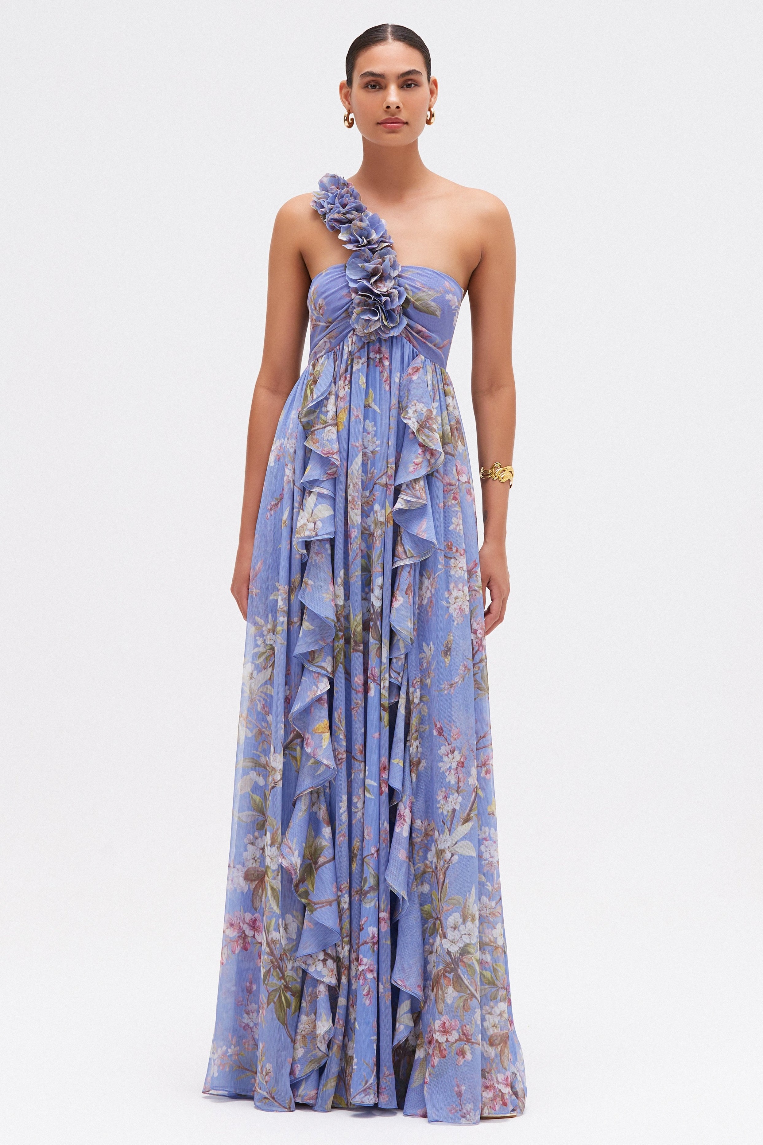 Floral One Shoulder Ruffle Maxi Dress