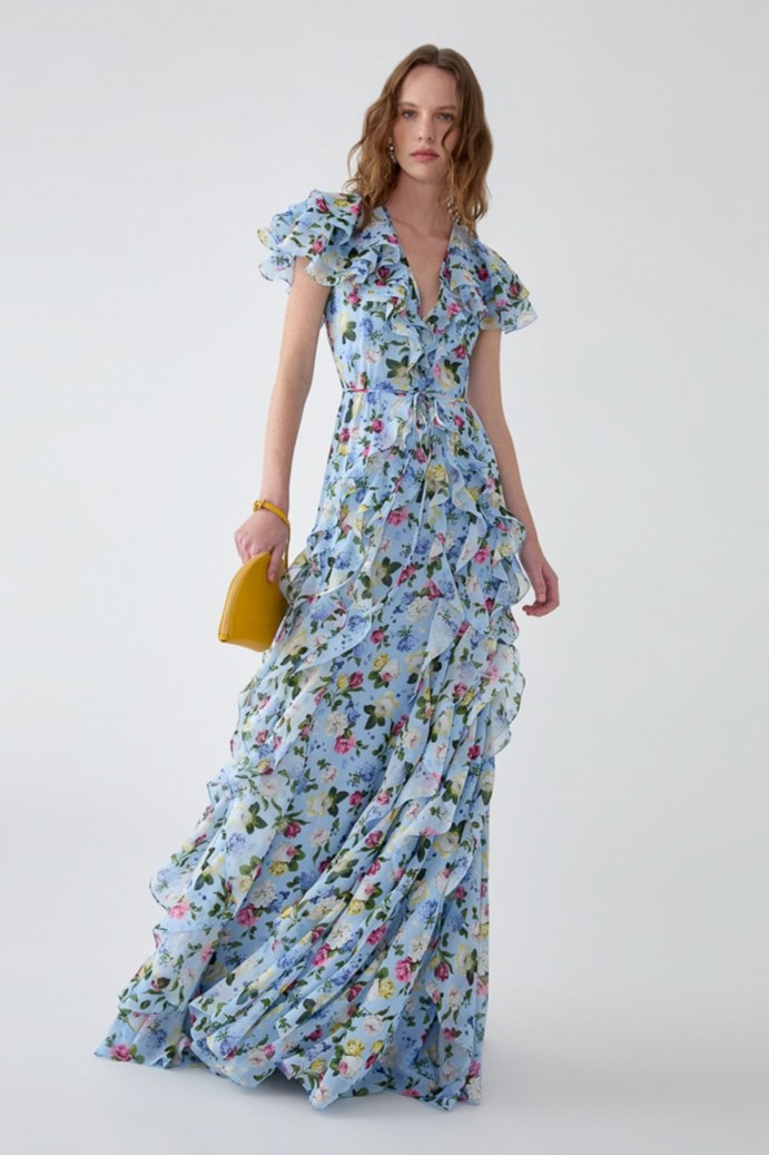 Floral Chiffon Ruffle Maxi Dress