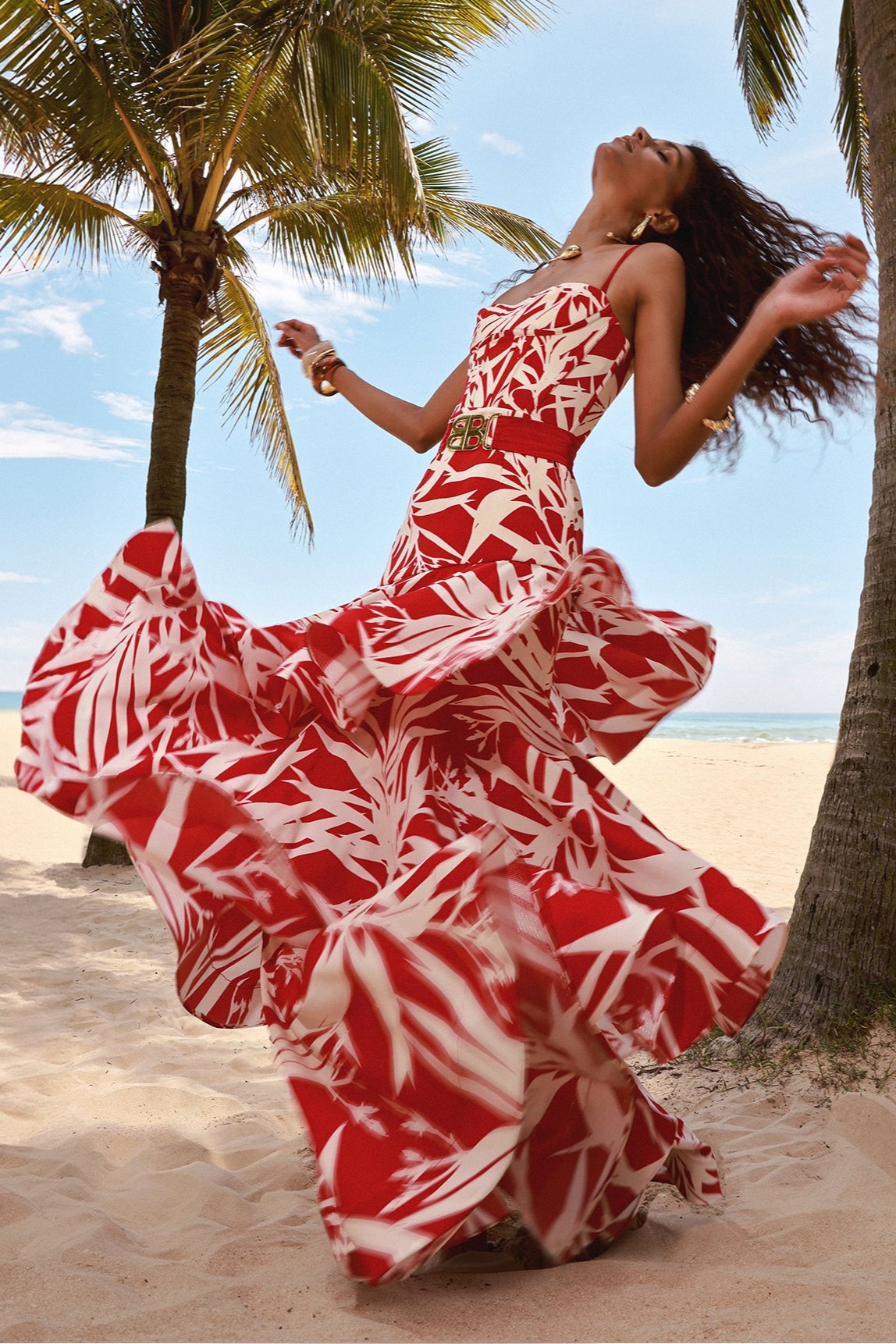 Botanical Print Ruffle Slip Maxi Dress