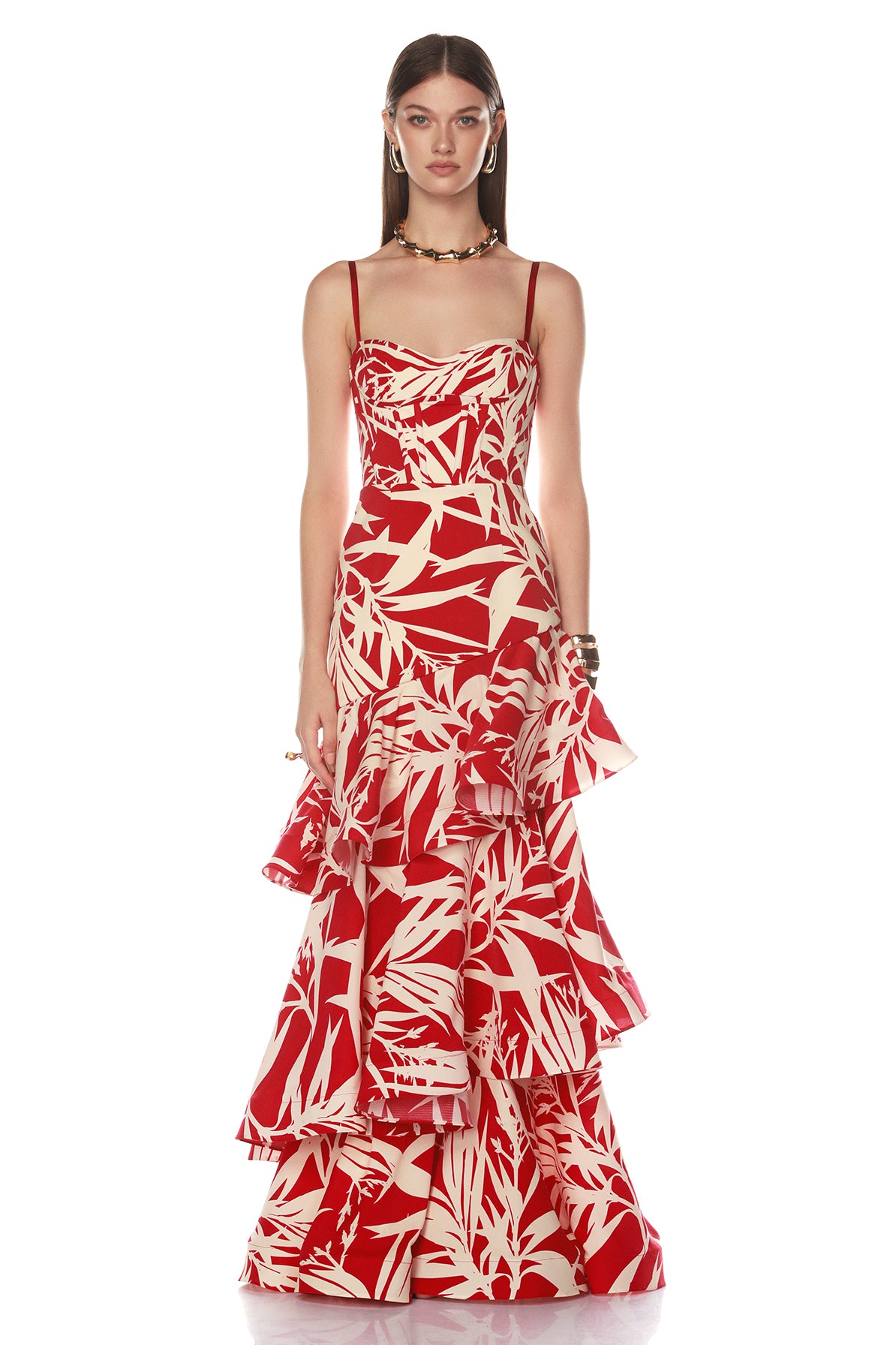 Botanical Print Ruffle Slip Maxi Dress