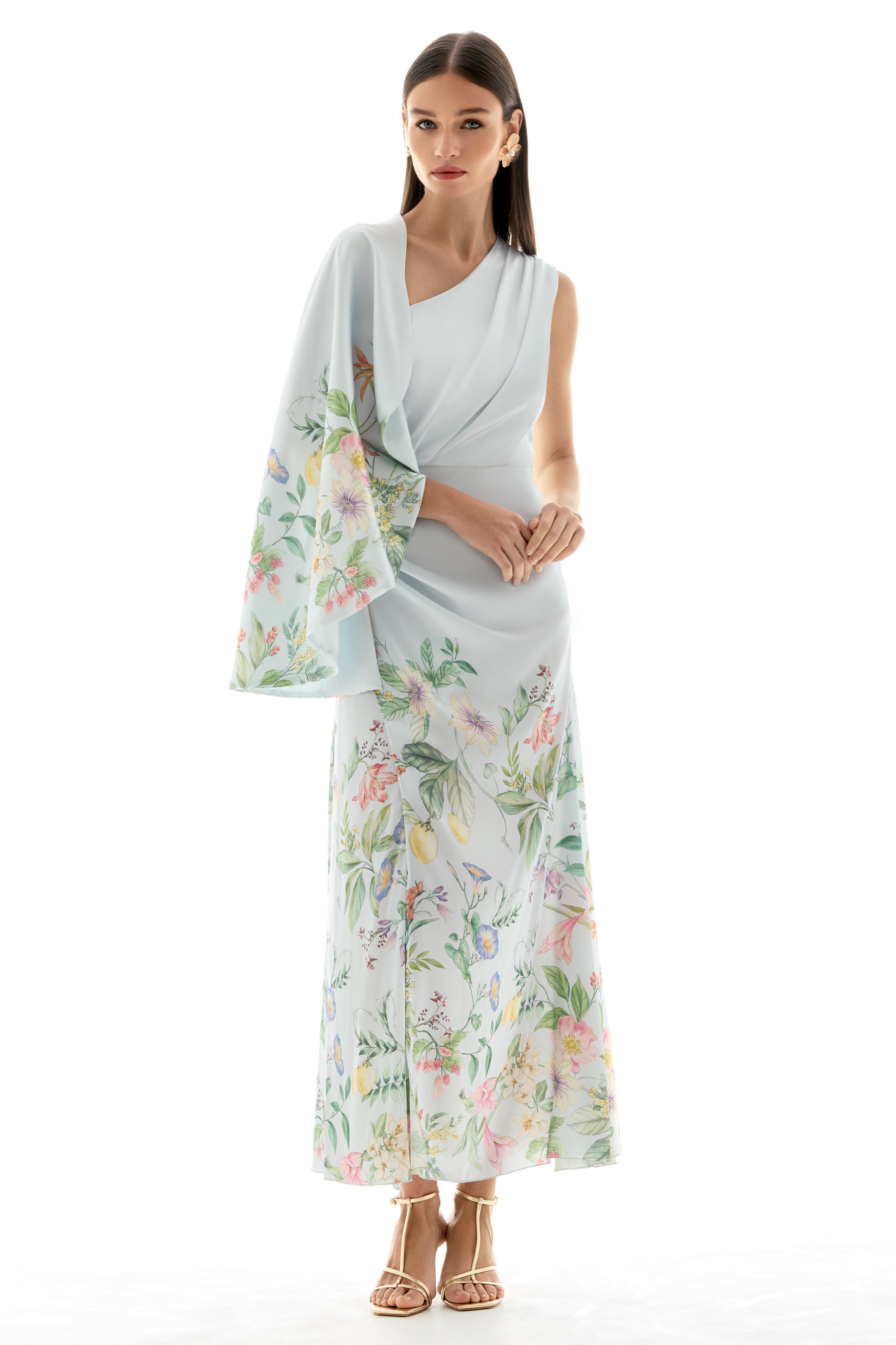 Floral Asymmetrical Sleeve Ruched Midi Dress
