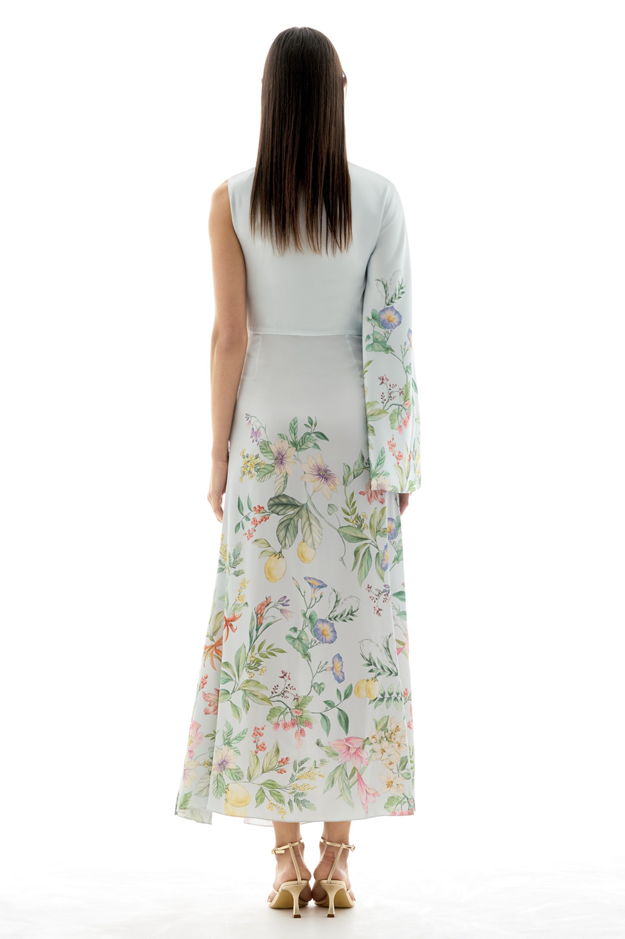 Floral Asymmetrical Sleeve Ruched Midi Dress
