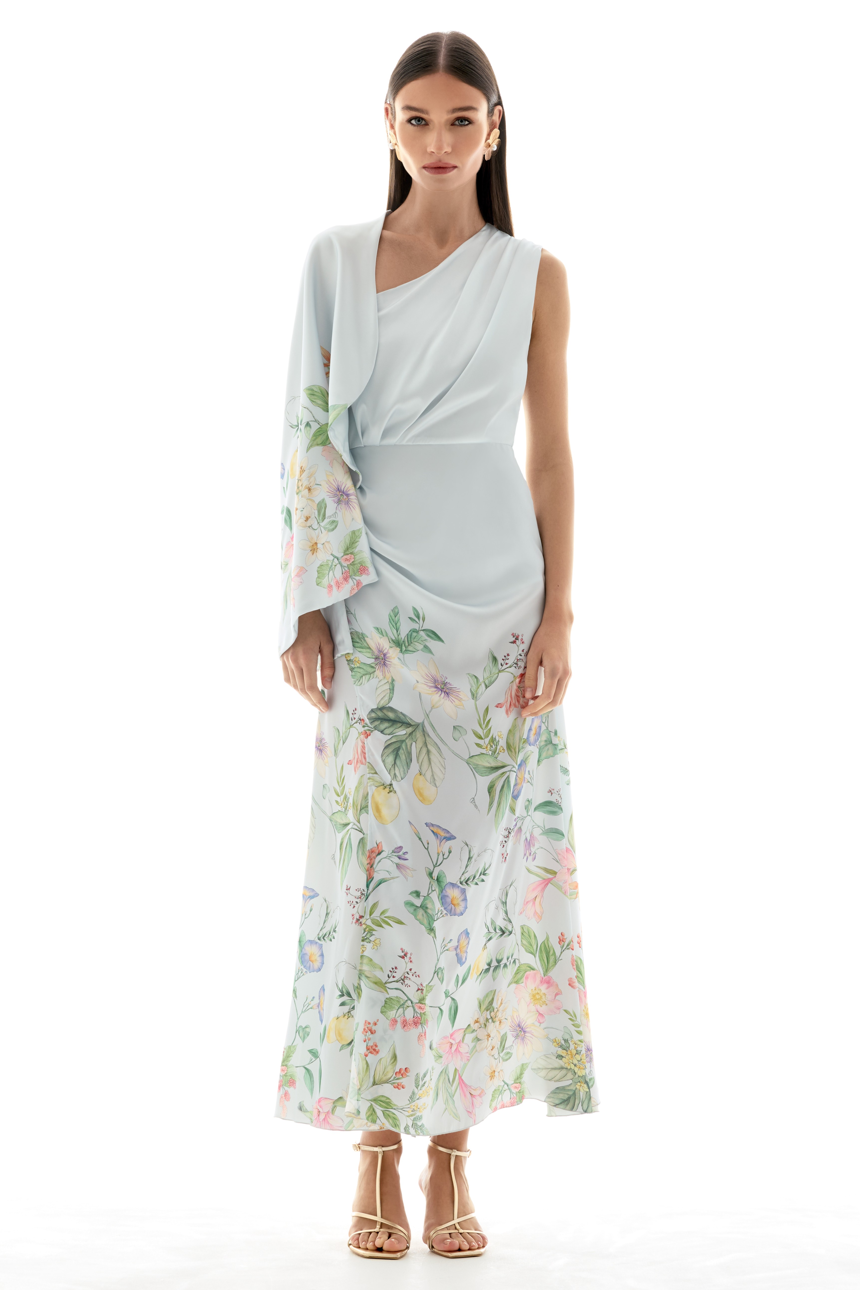 Floral Asymmetrical Sleeve Ruched Midi Dress