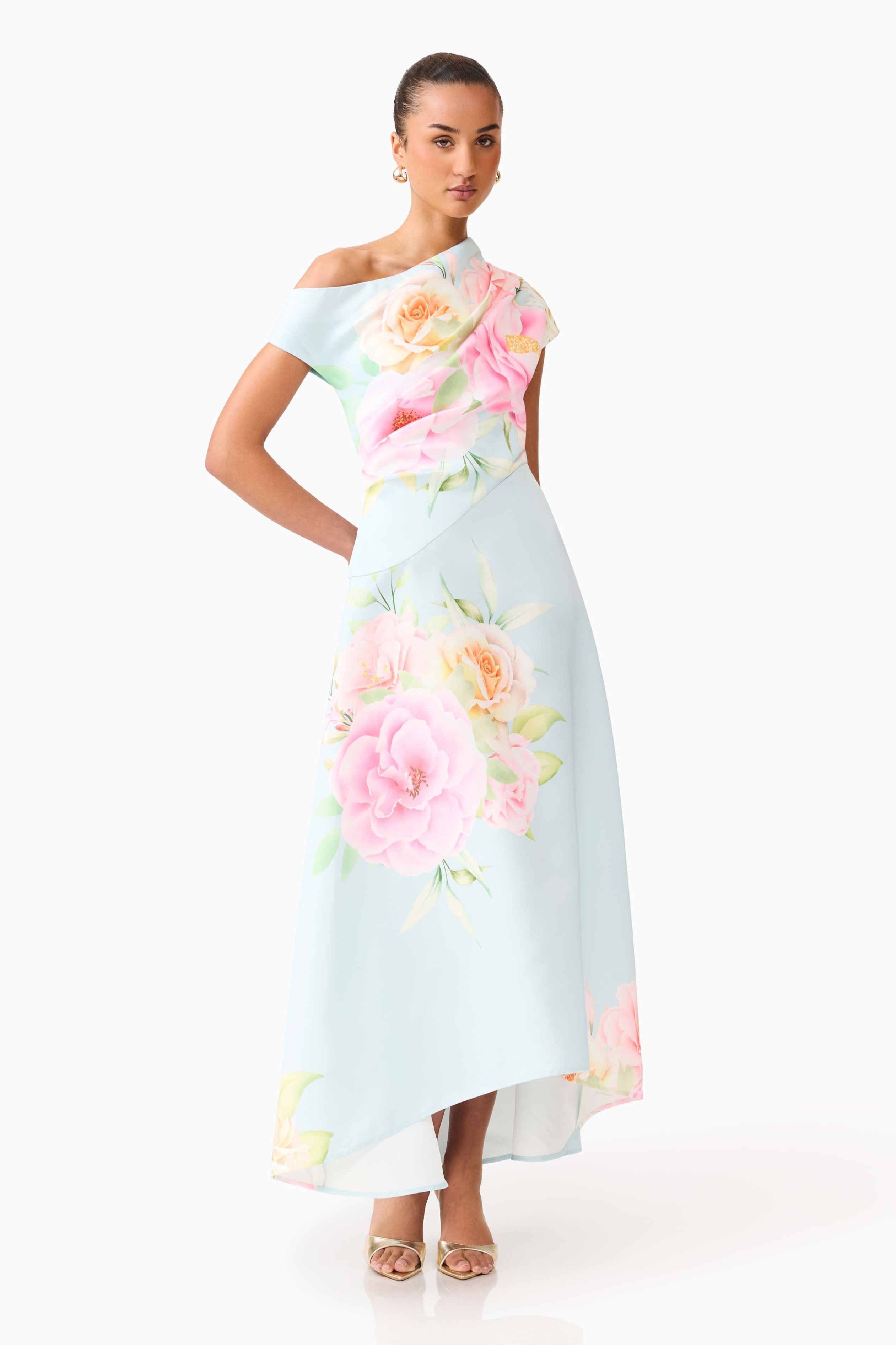 Floral Ruched One Shoulder Midi Dress