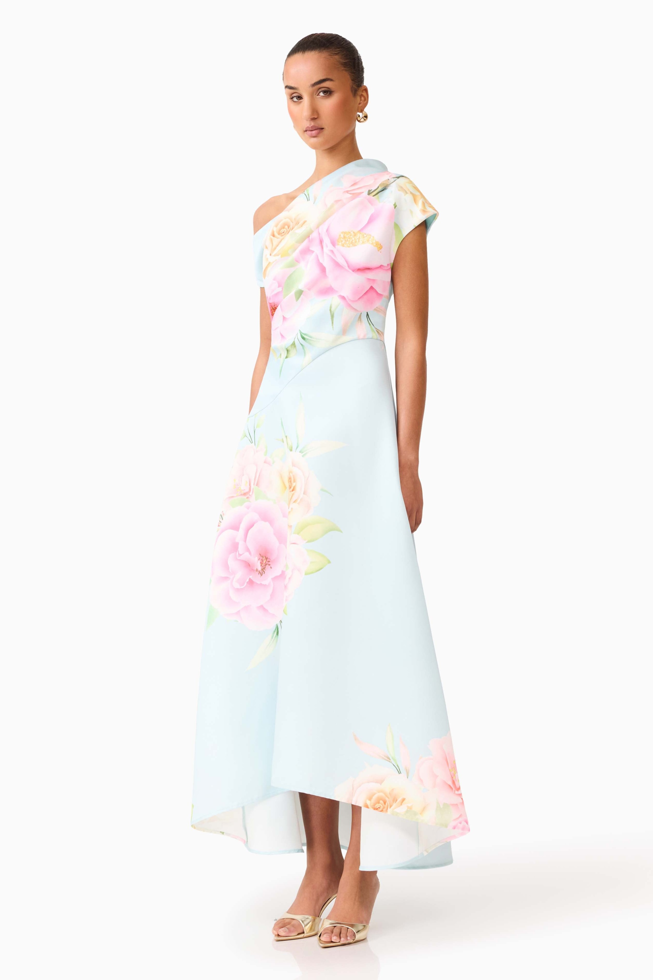 Floral Ruched One Shoulder Midi Dress