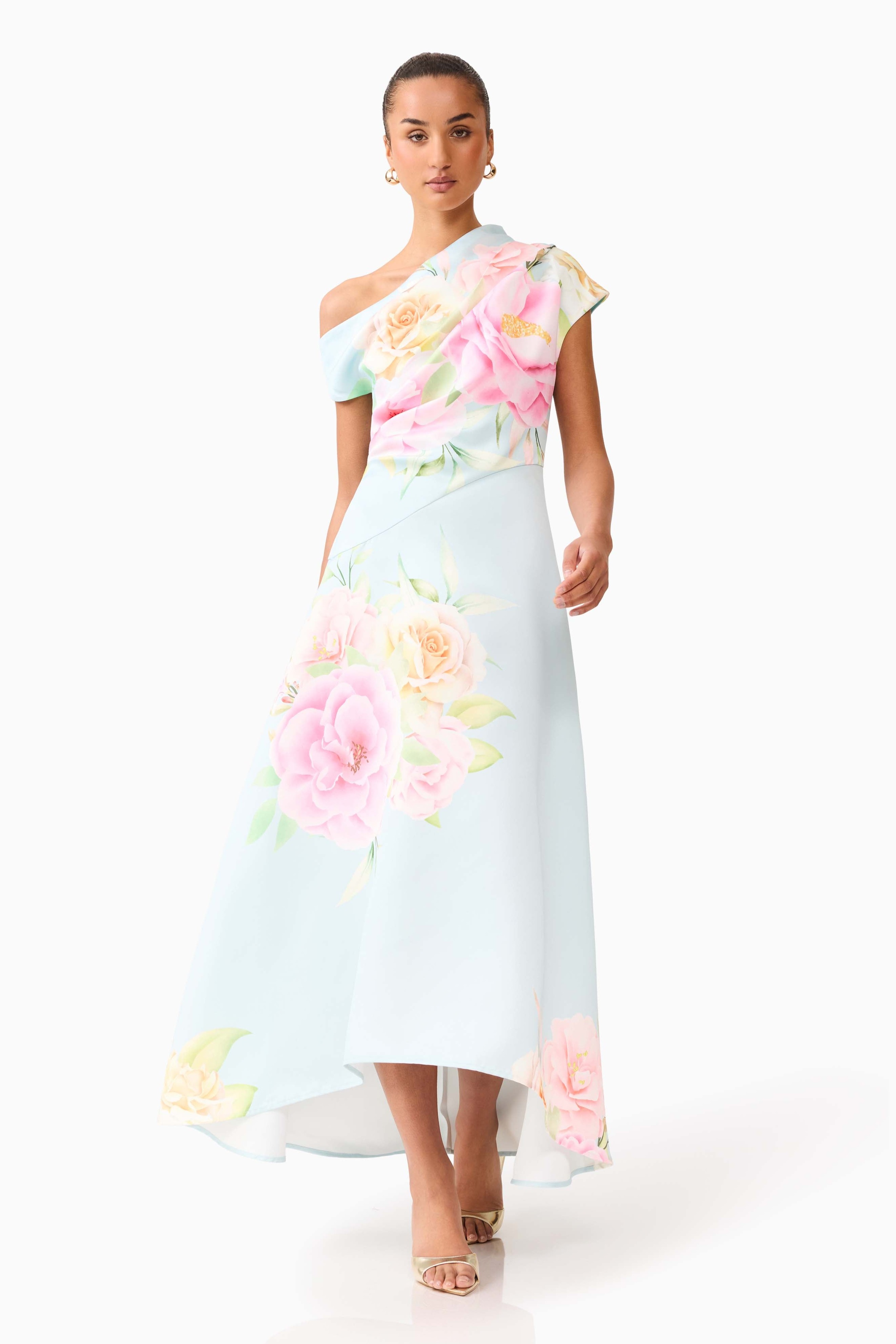 Floral Ruched One Shoulder Midi Dress