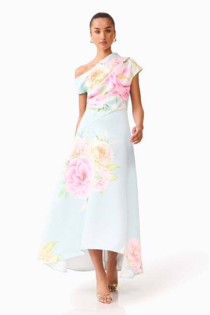 Floral Ruched One Shoulder Midi Dress