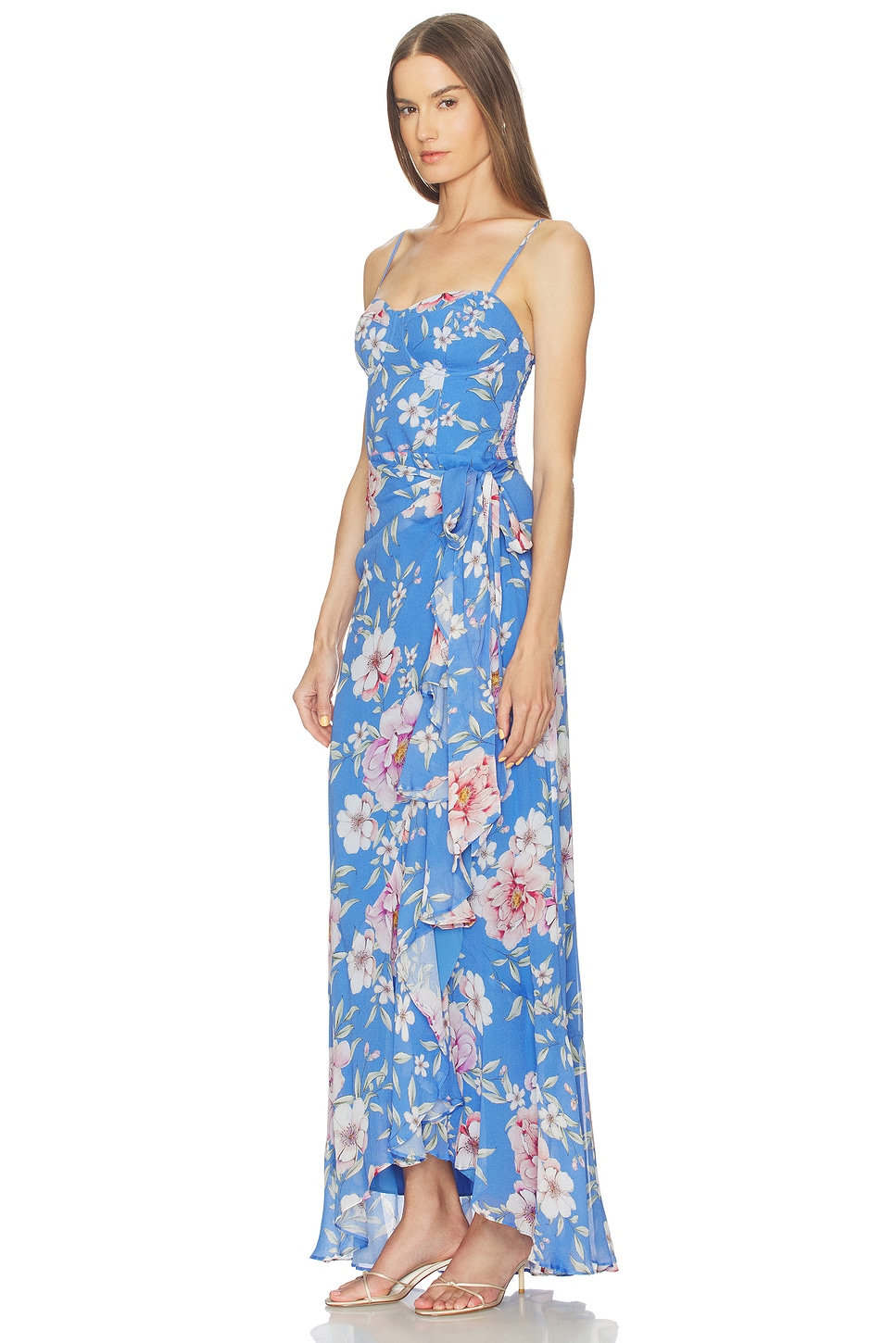 Floral Ruffle Lace-Up Midi Dress
