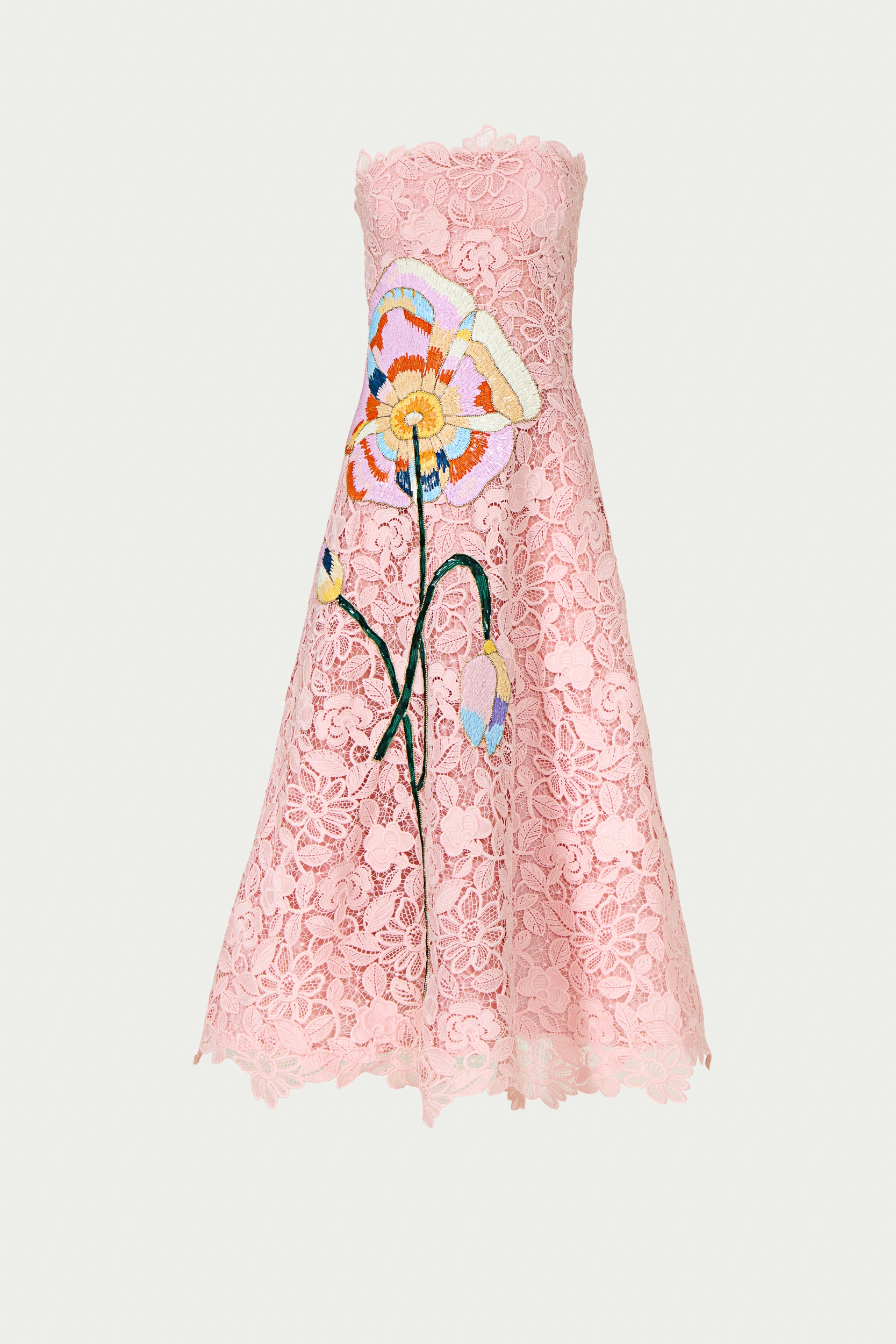 Embroidered Lace Strapless Midi Dress