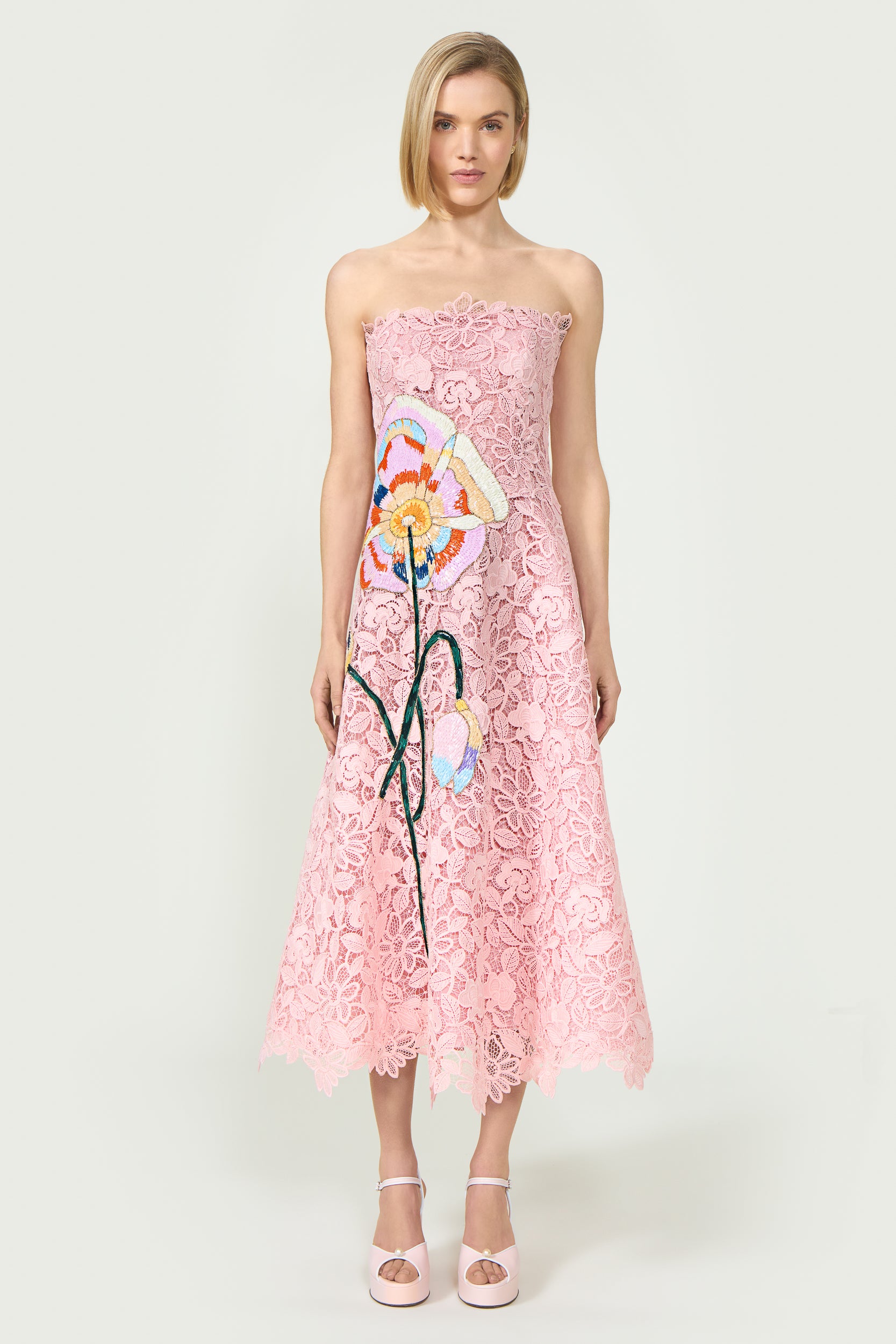 Embroidered Lace Strapless Midi Dress