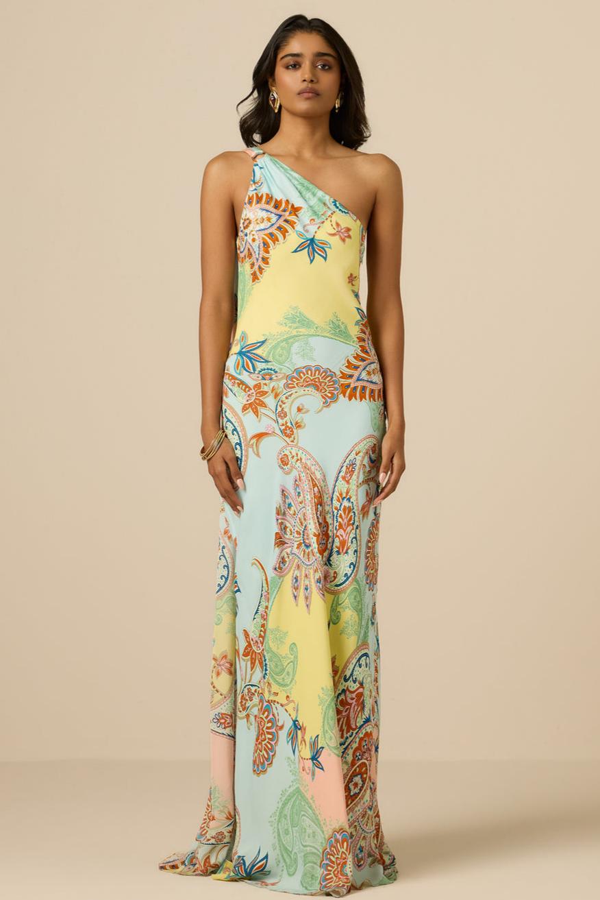 Paisley Print One Shoulder Metal Decorations Maxi Dress