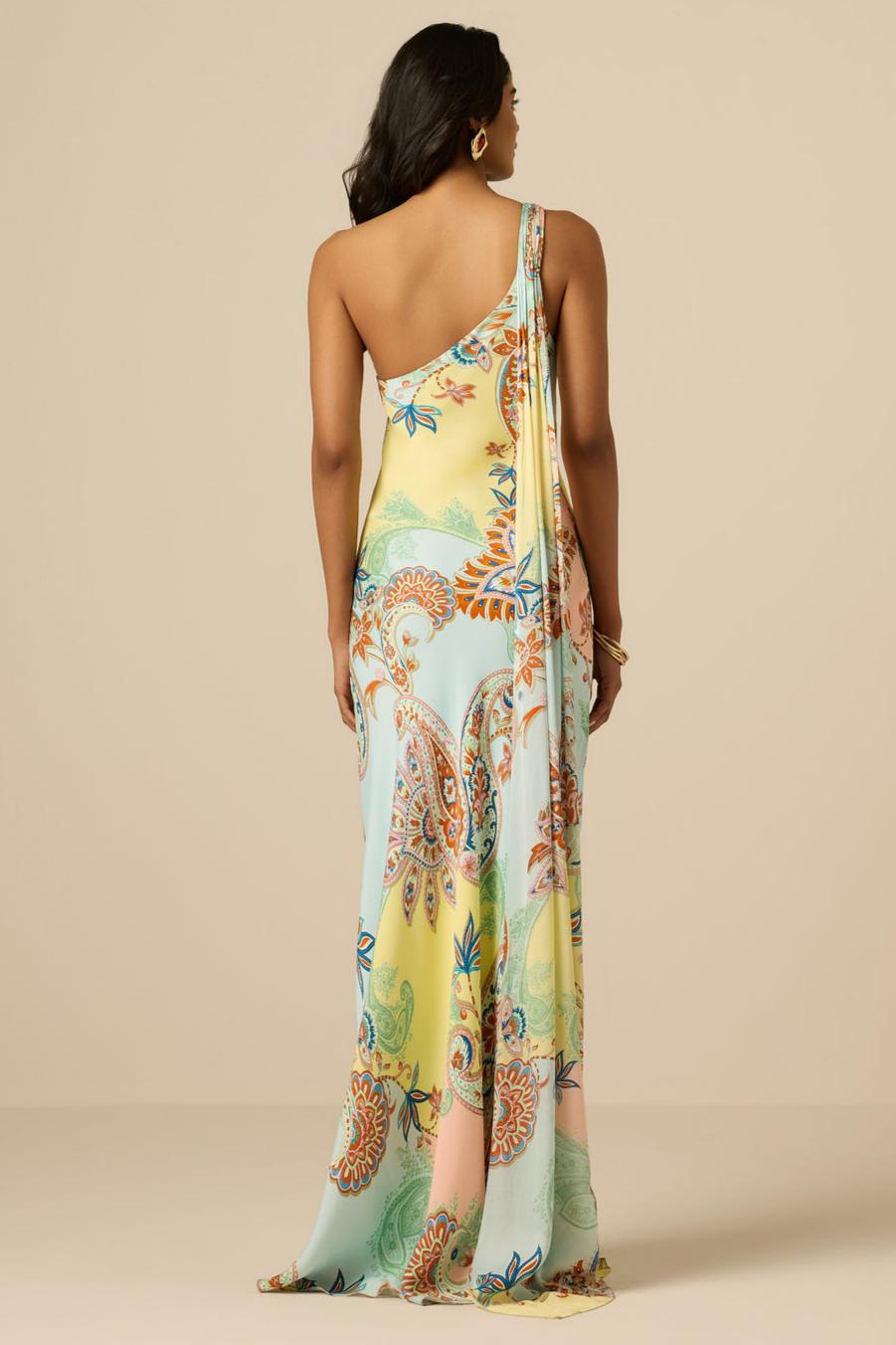 Paisley Print One Shoulder Metal Decorations Maxi Dress