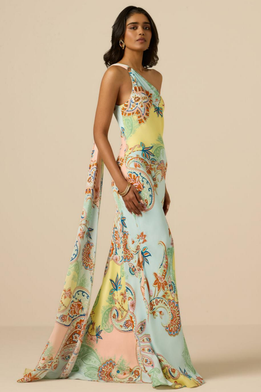 Paisley Print One Shoulder Metal Decorations Maxi Dress