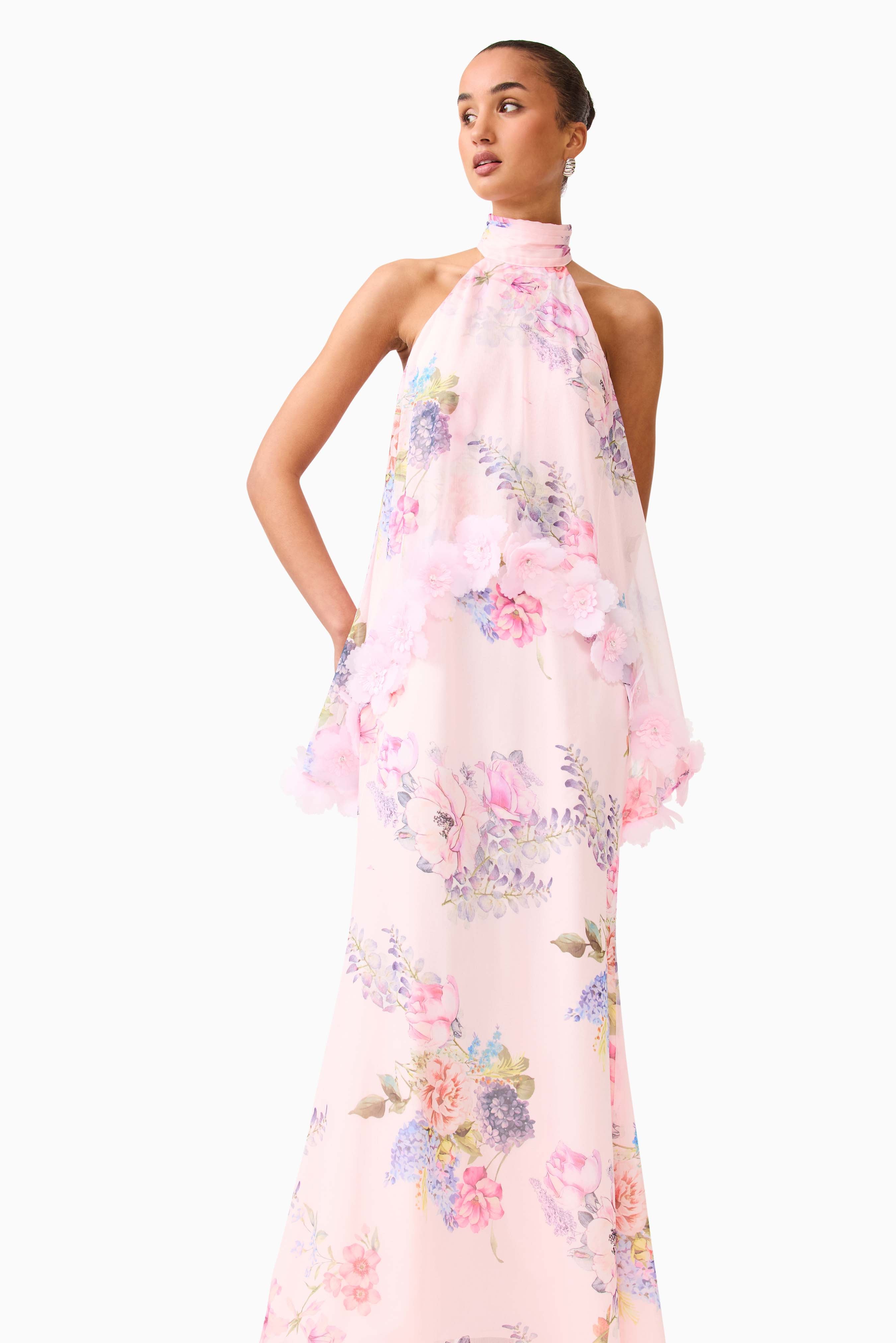 Floral Halter Neck Sleeveless Maxi Dress