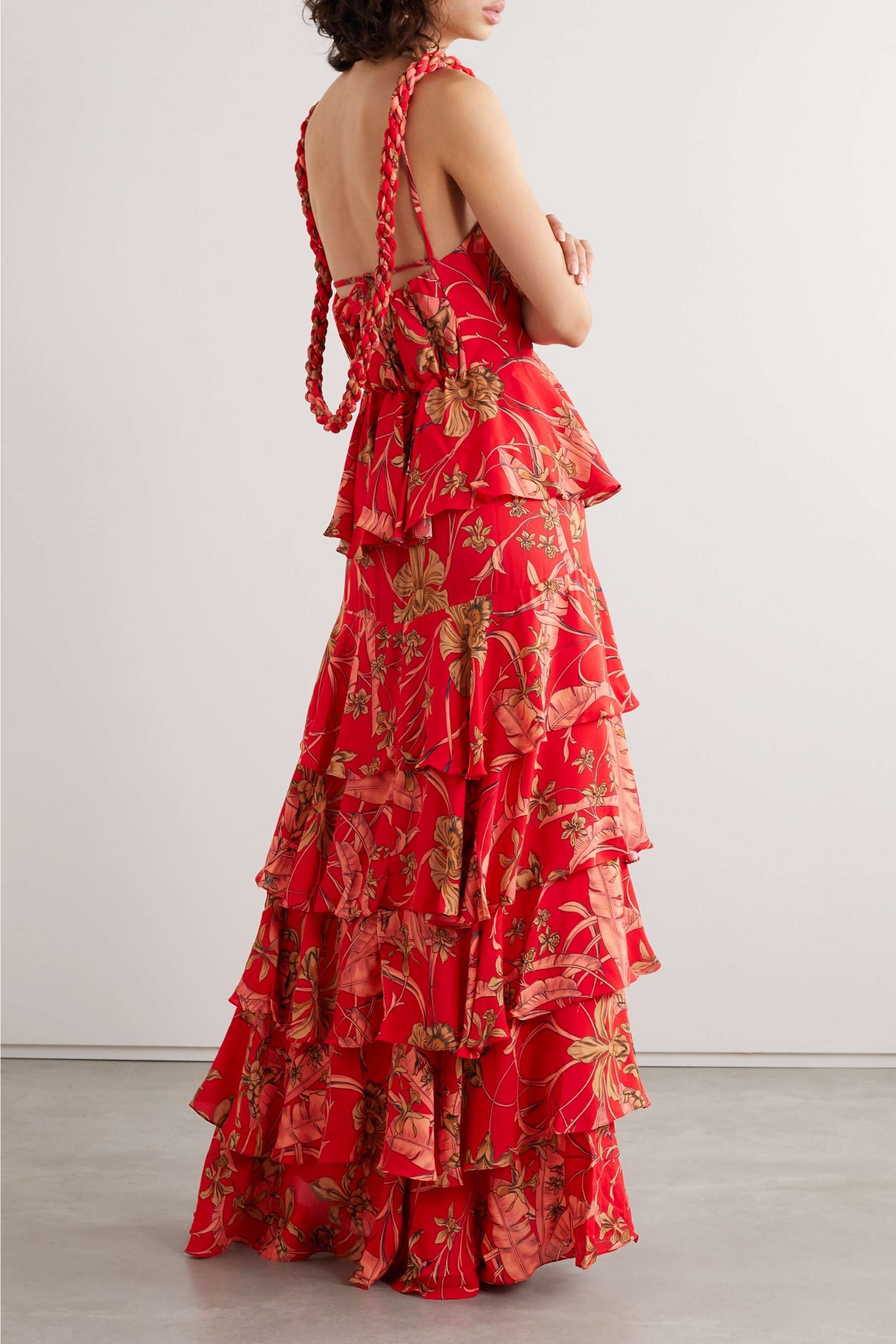 Floral Decorative Rope Ruffle Maxi Dress