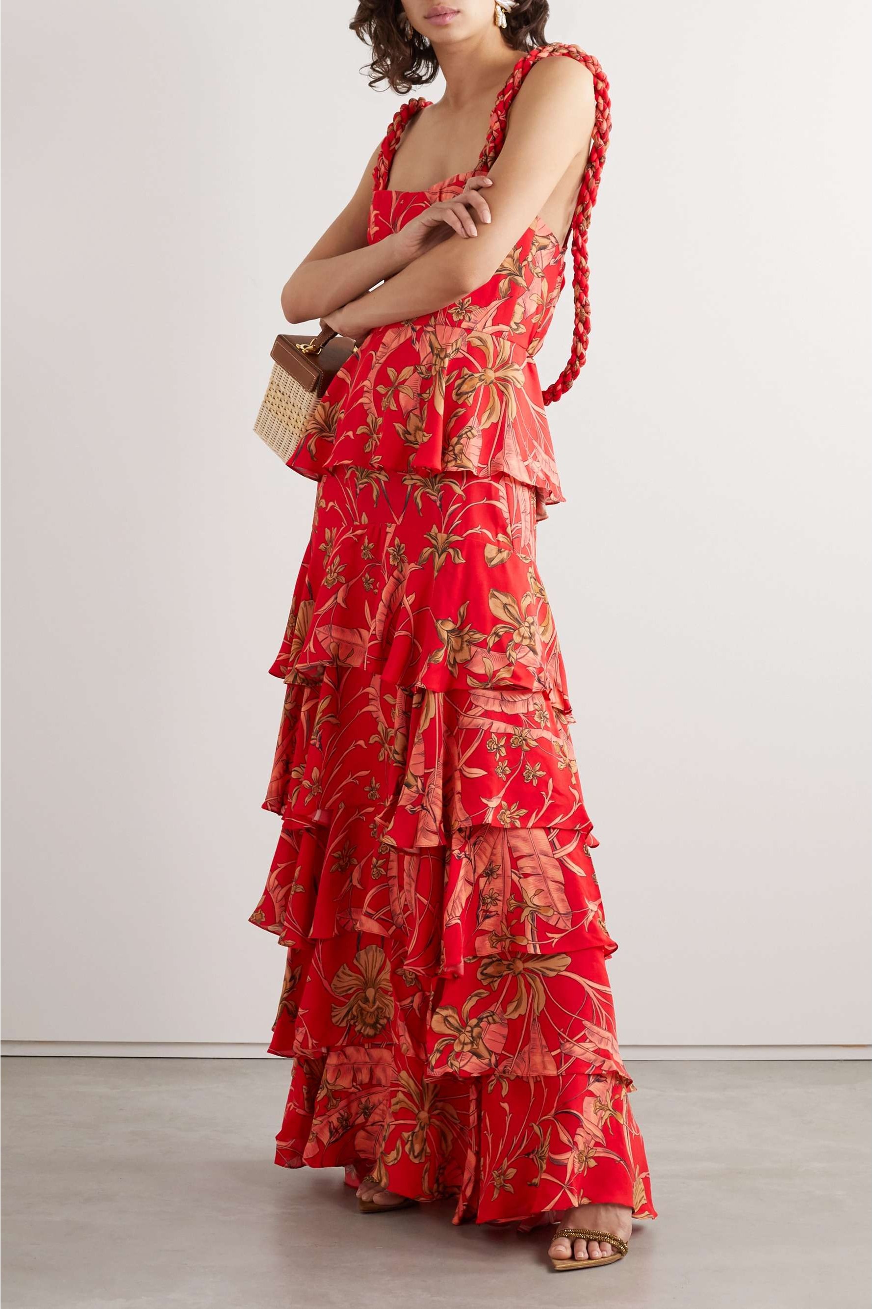 Floral Decorative Rope Ruffle Maxi Dress