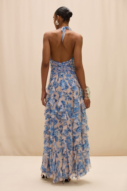 Ocean print Ruffle Slit Maxi Dress