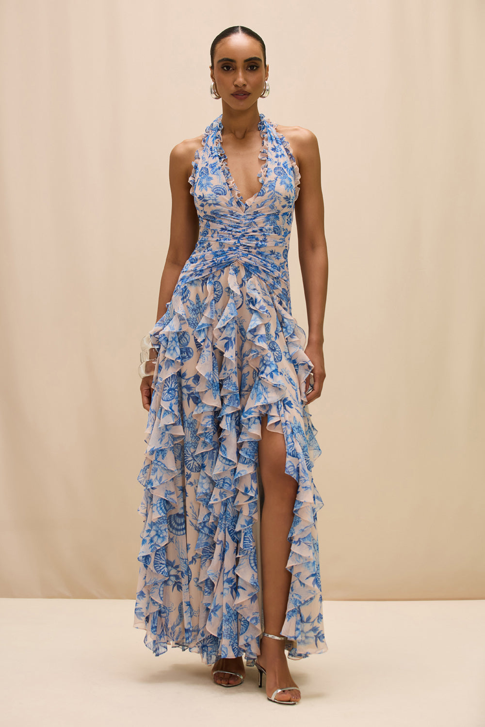 Ocean print Ruffle Slit Maxi Dress