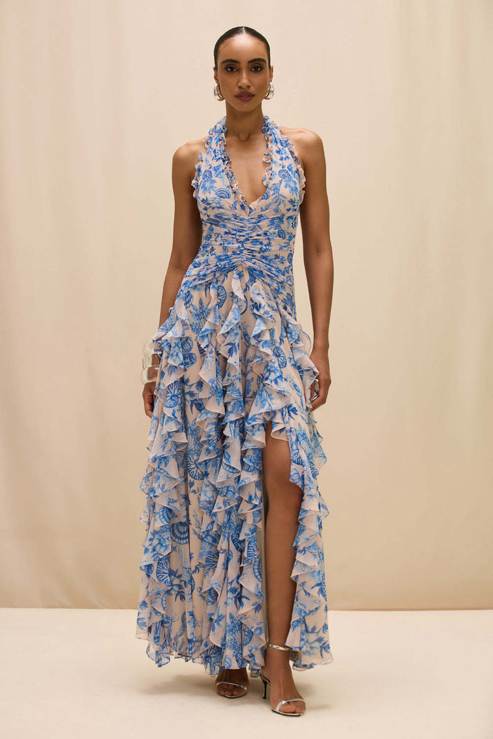 Ocean print Ruffle Slit Maxi Dress