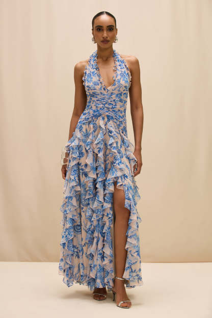 Ocean print Ruffle Slit Maxi Dress