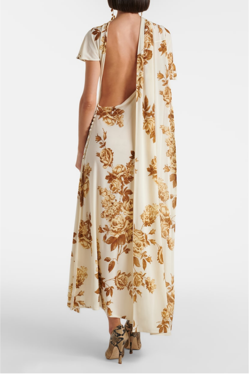 Floral Cape Backless Midi Dress