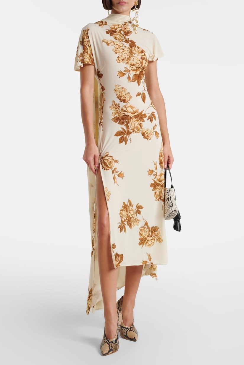 Floral Cape Backless Midi Dress