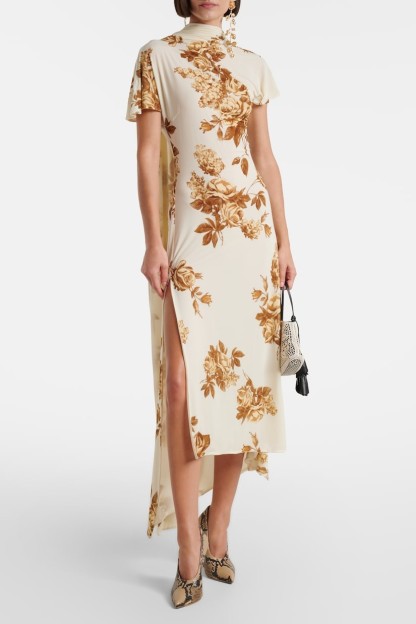 Floral Cape Backless Midi Dress