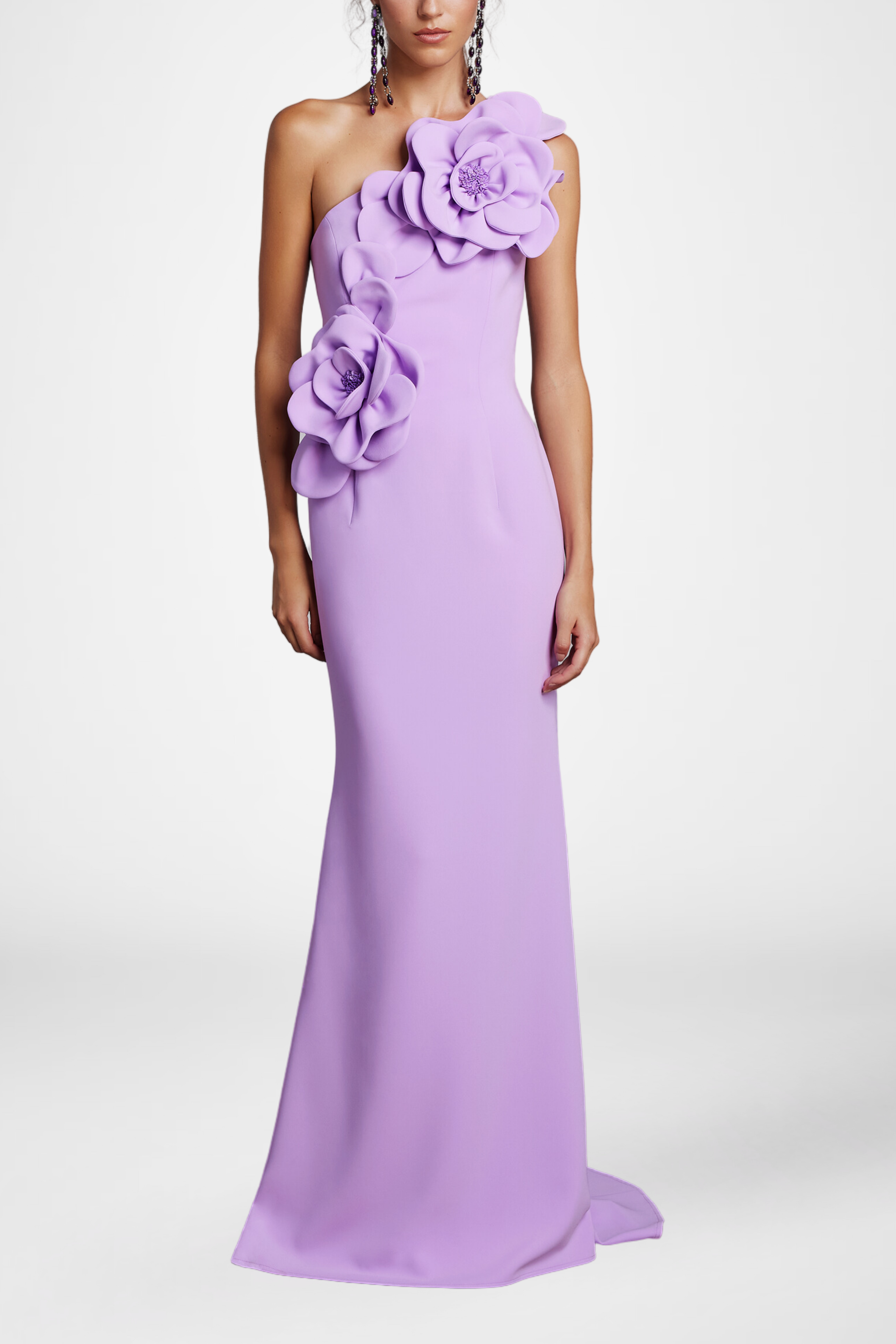 3D Flower Solid One Shoulder Maxi Dress