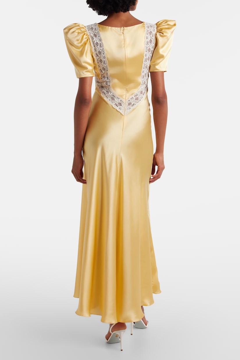 Lace Gathering Puff Sleeve Midi Dress