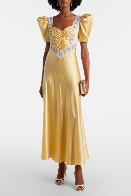 Lace Gathering Puff Sleeve Midi Dress