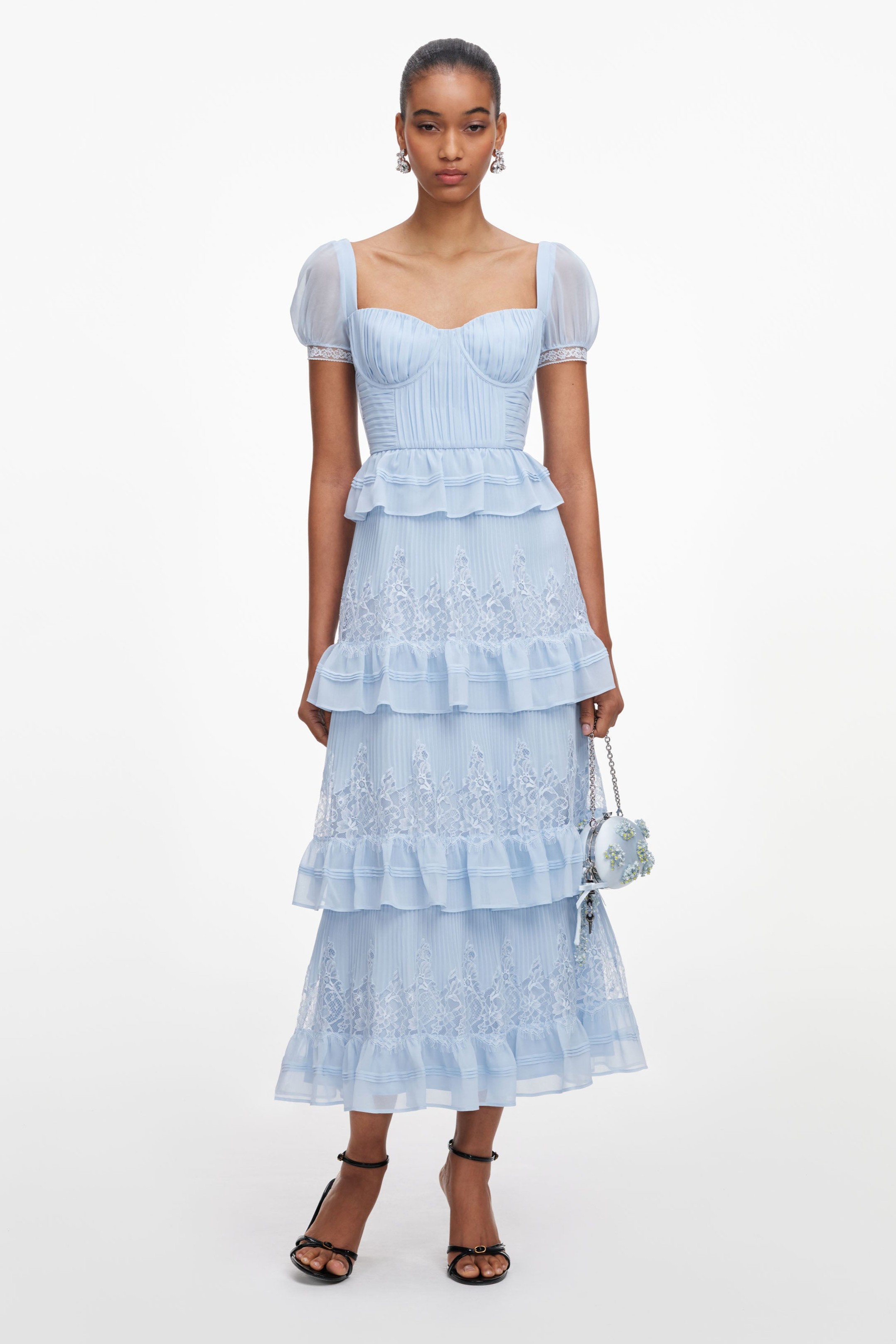 Lace  Pleated Ruffle Midi Dress