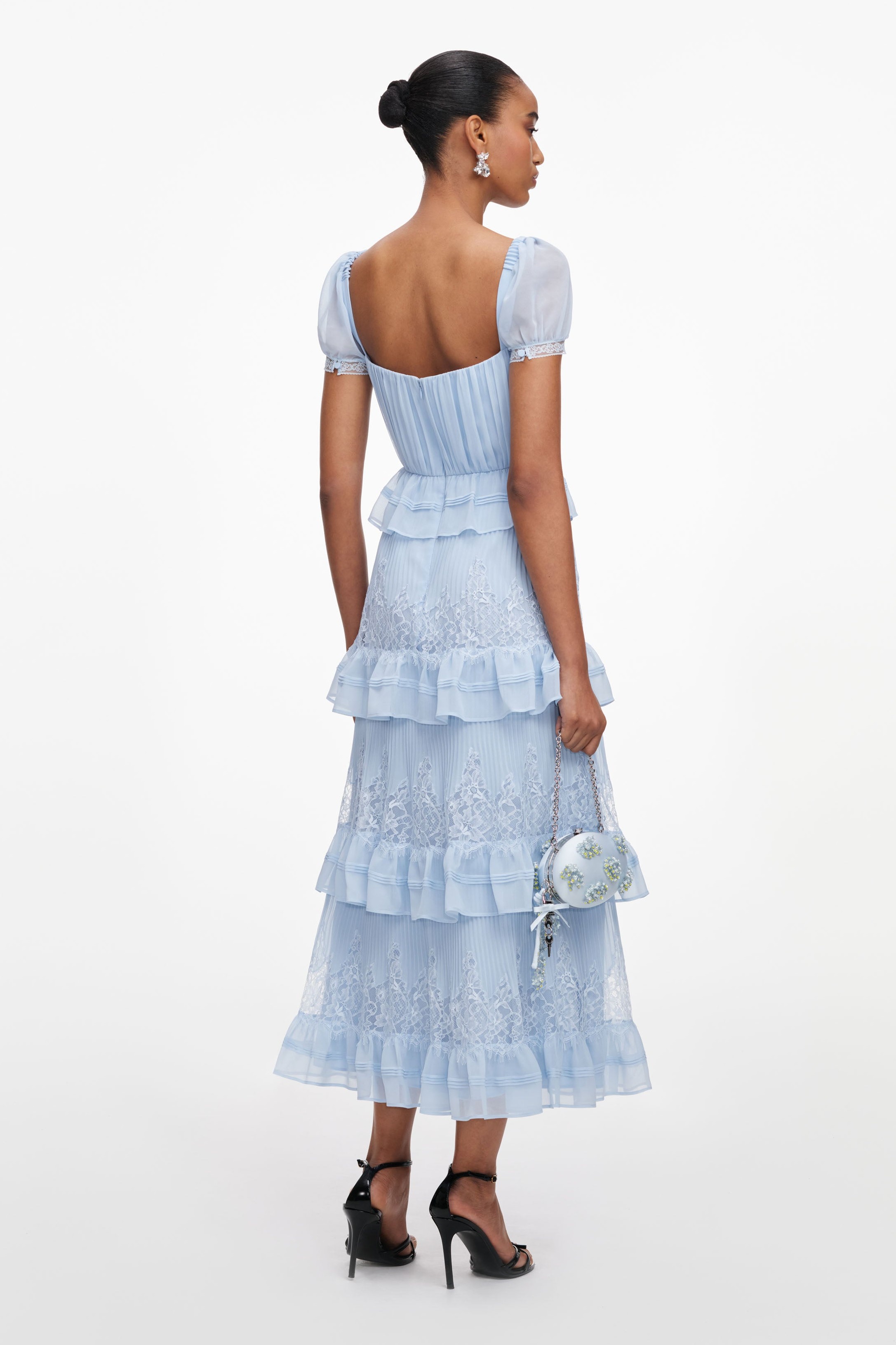 Lace  Pleated Ruffle Midi Dress