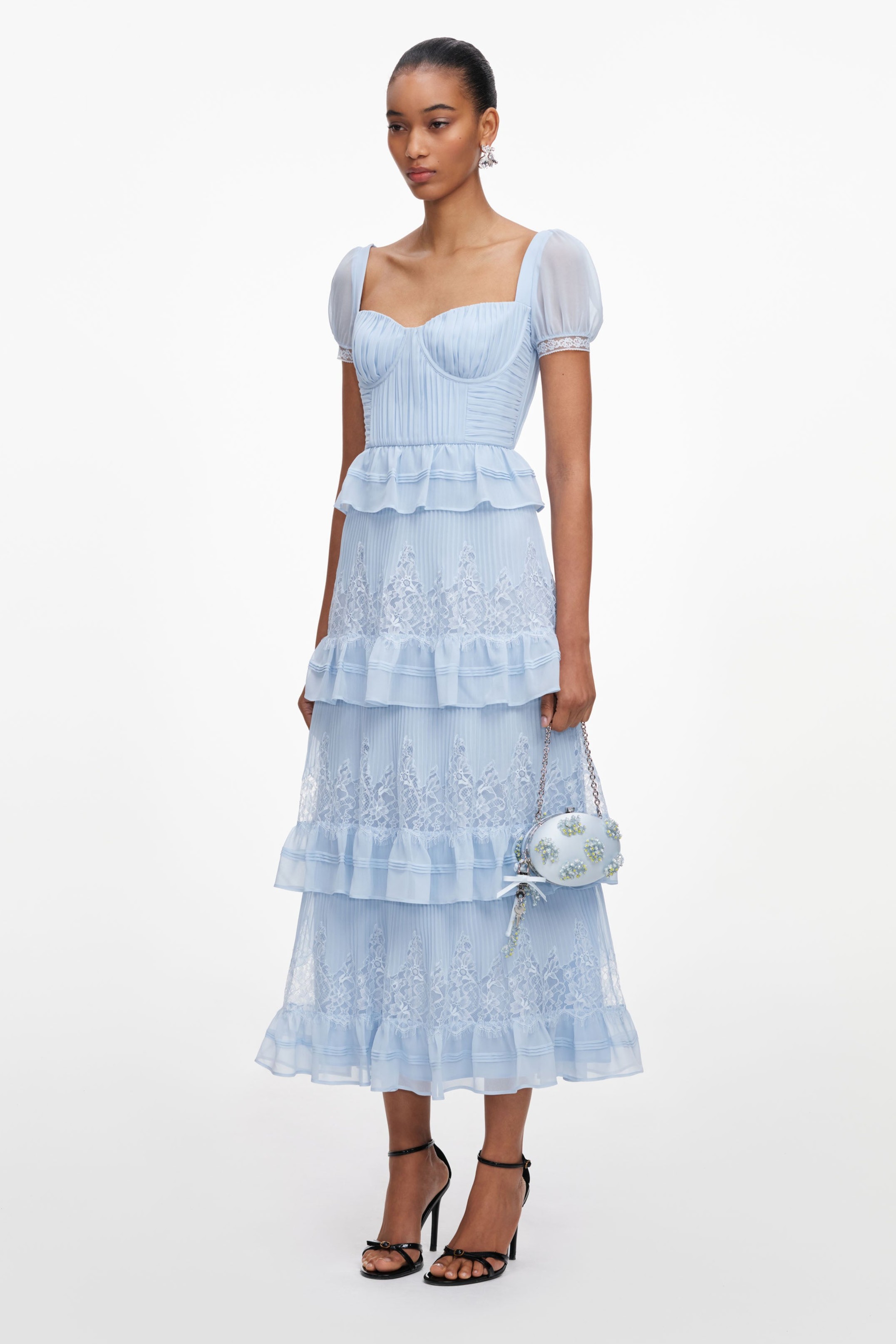 Lace  Pleated Ruffle Midi Dress