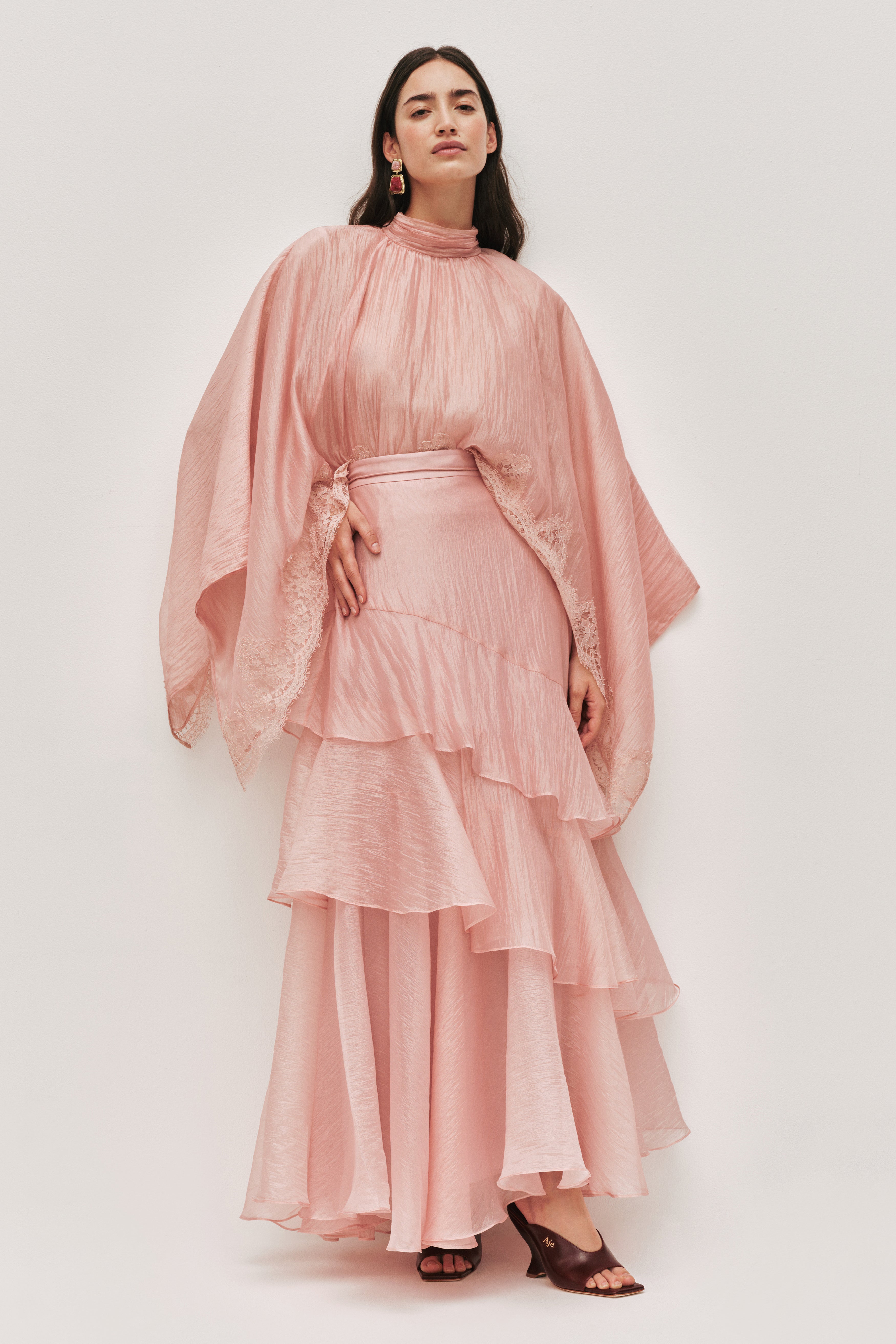 Lace Cape Sleeve Top & High Waist Ruffle Maxi Skirt Set