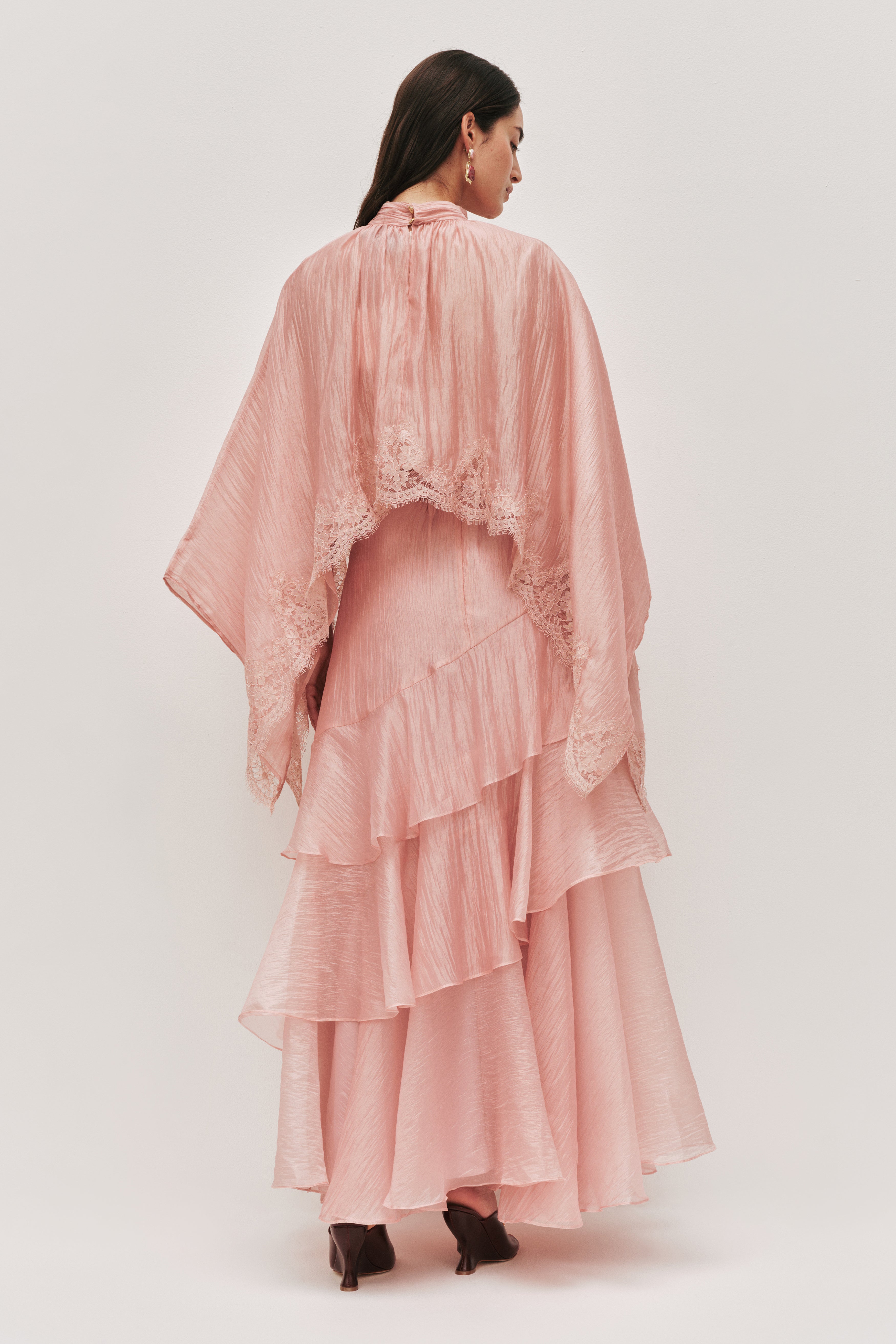 Lace Cape Sleeve Top & High Waist Ruffle Maxi Skirt Set