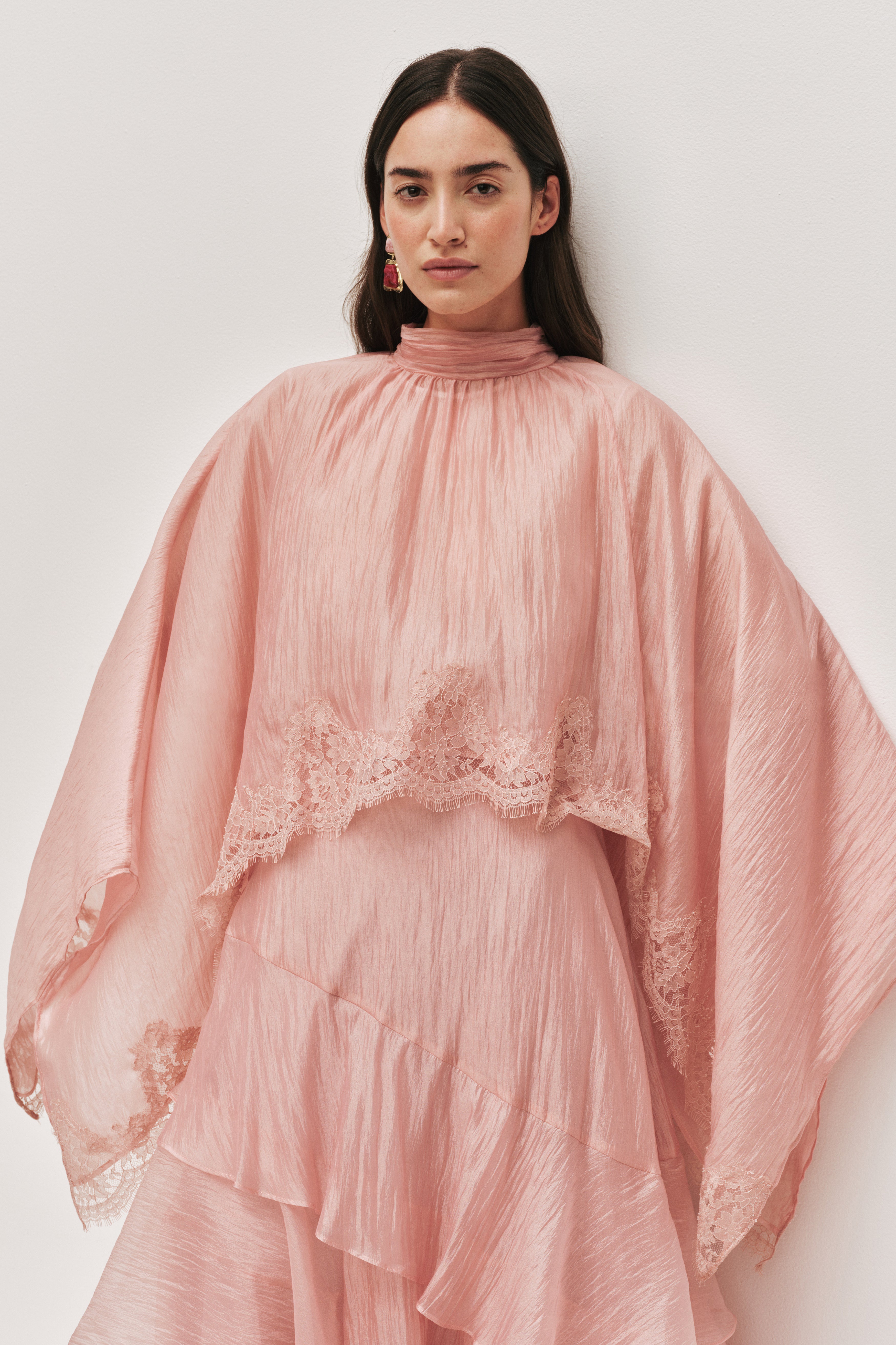 Lace Cape Sleeve Top & High Waist Ruffle Maxi Skirt Set