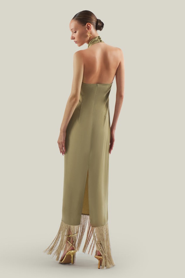 Satin Tassel Maxi Dress With Cape