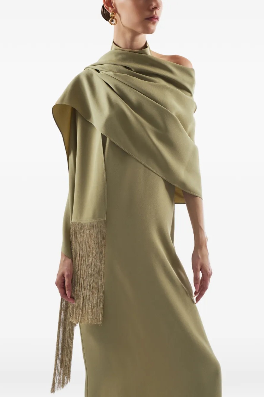 Satin Tassel Maxi Dress With Cape