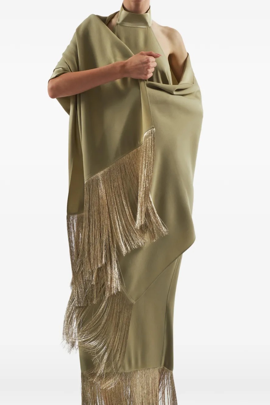 Satin Tassel Maxi Dress With Cape