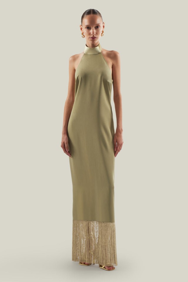 Satin Tassel Maxi Dress With Cape