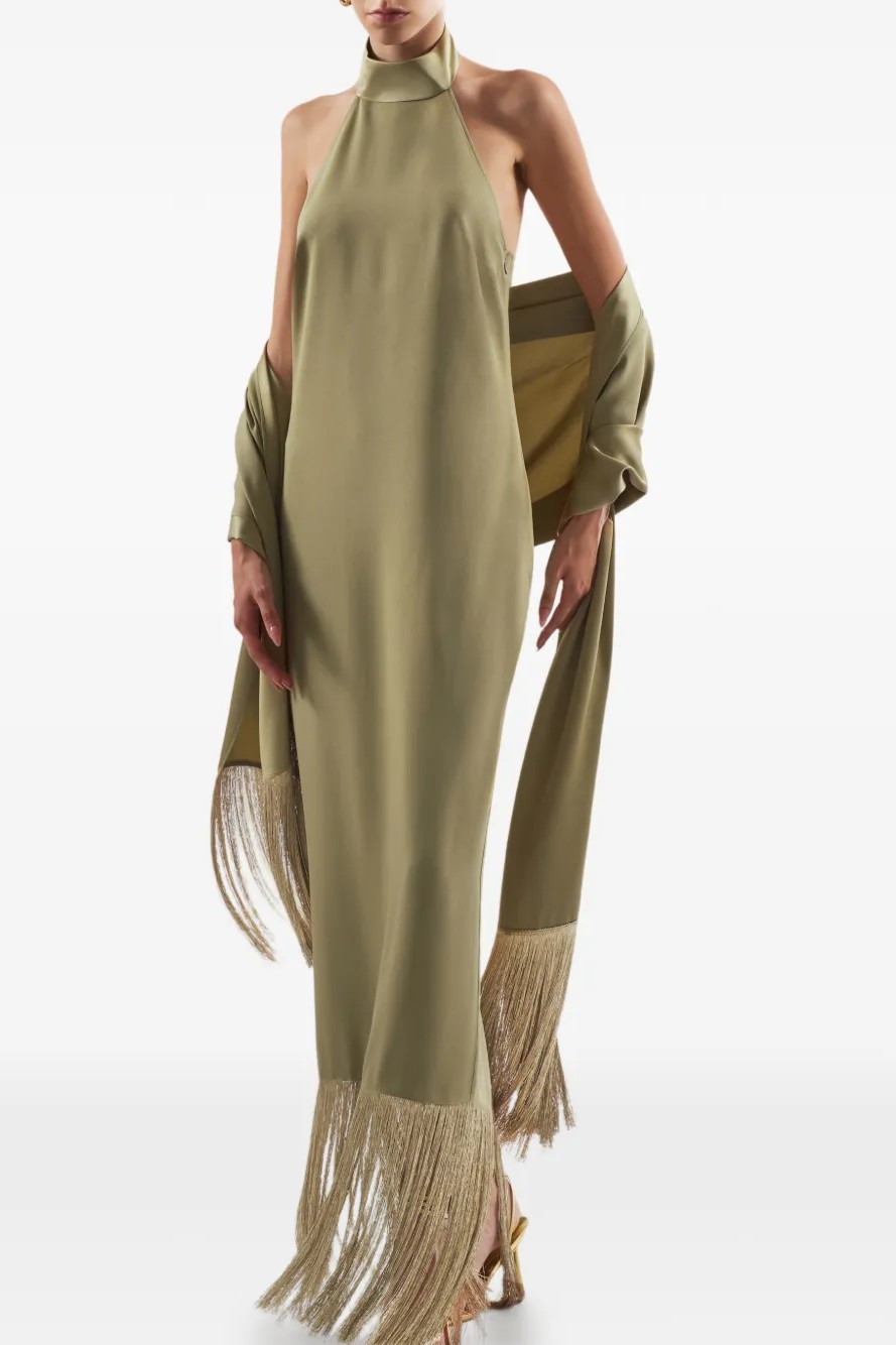 Satin Tassel Maxi Dress With Cape