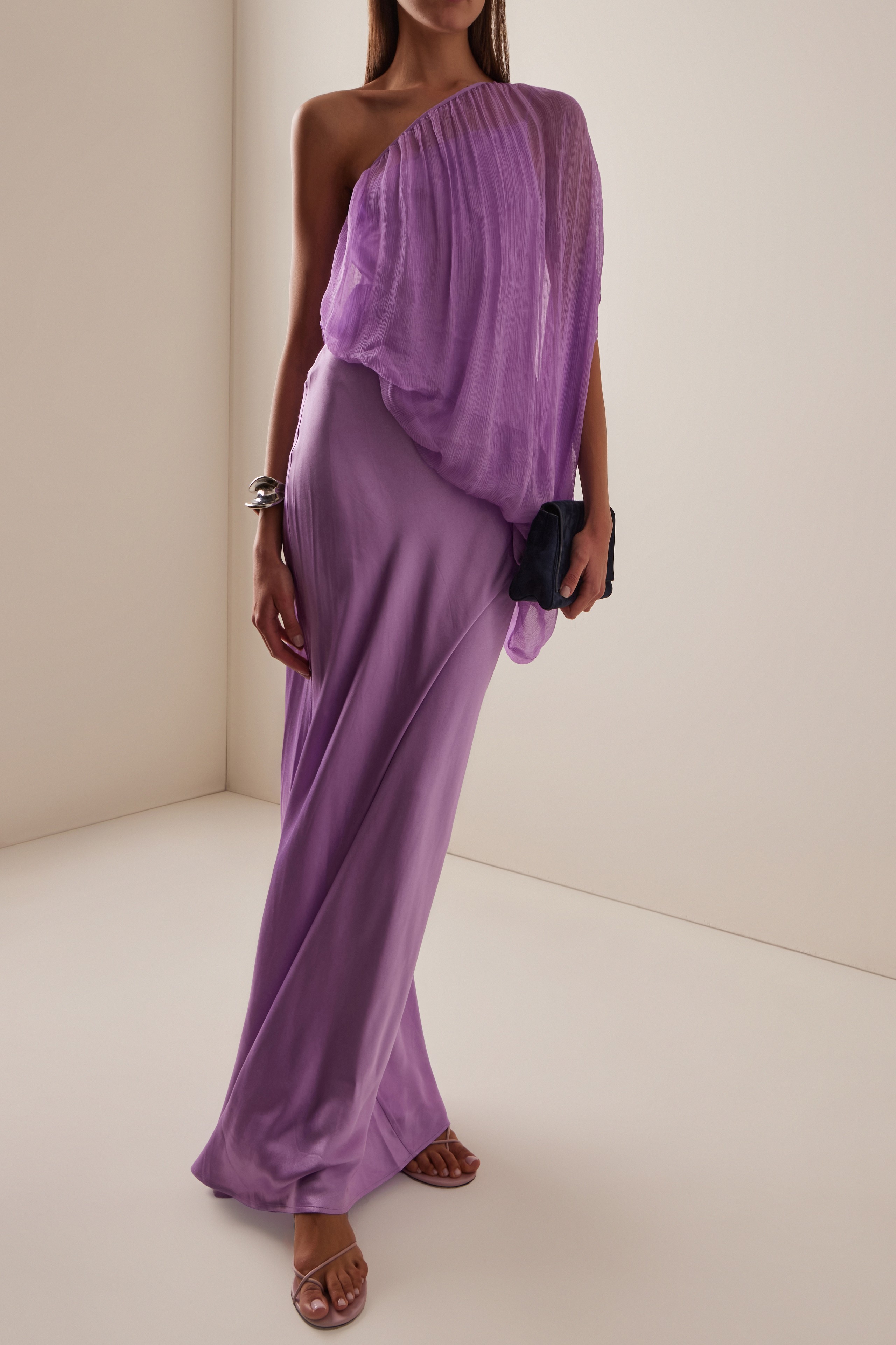 Chiffon Satin One Shoulder Maxi Dress