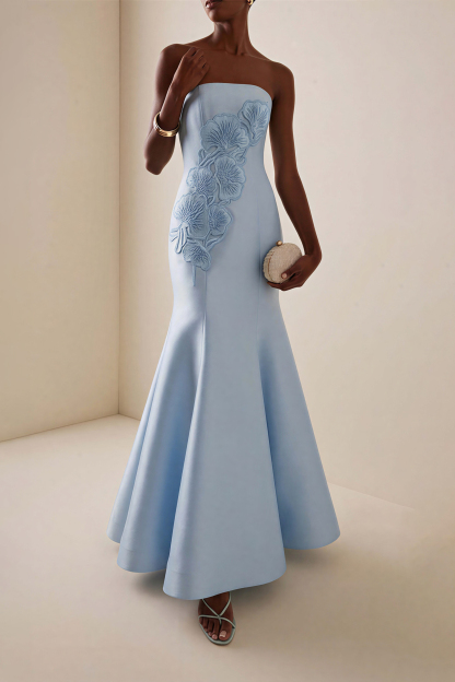Satin Appliquéd Off Shoulder Maxi Dress