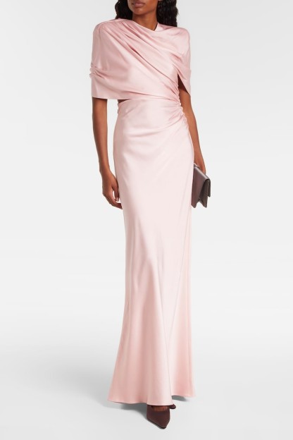 Satin Gathering Cape Sleeve Maxi Dress
