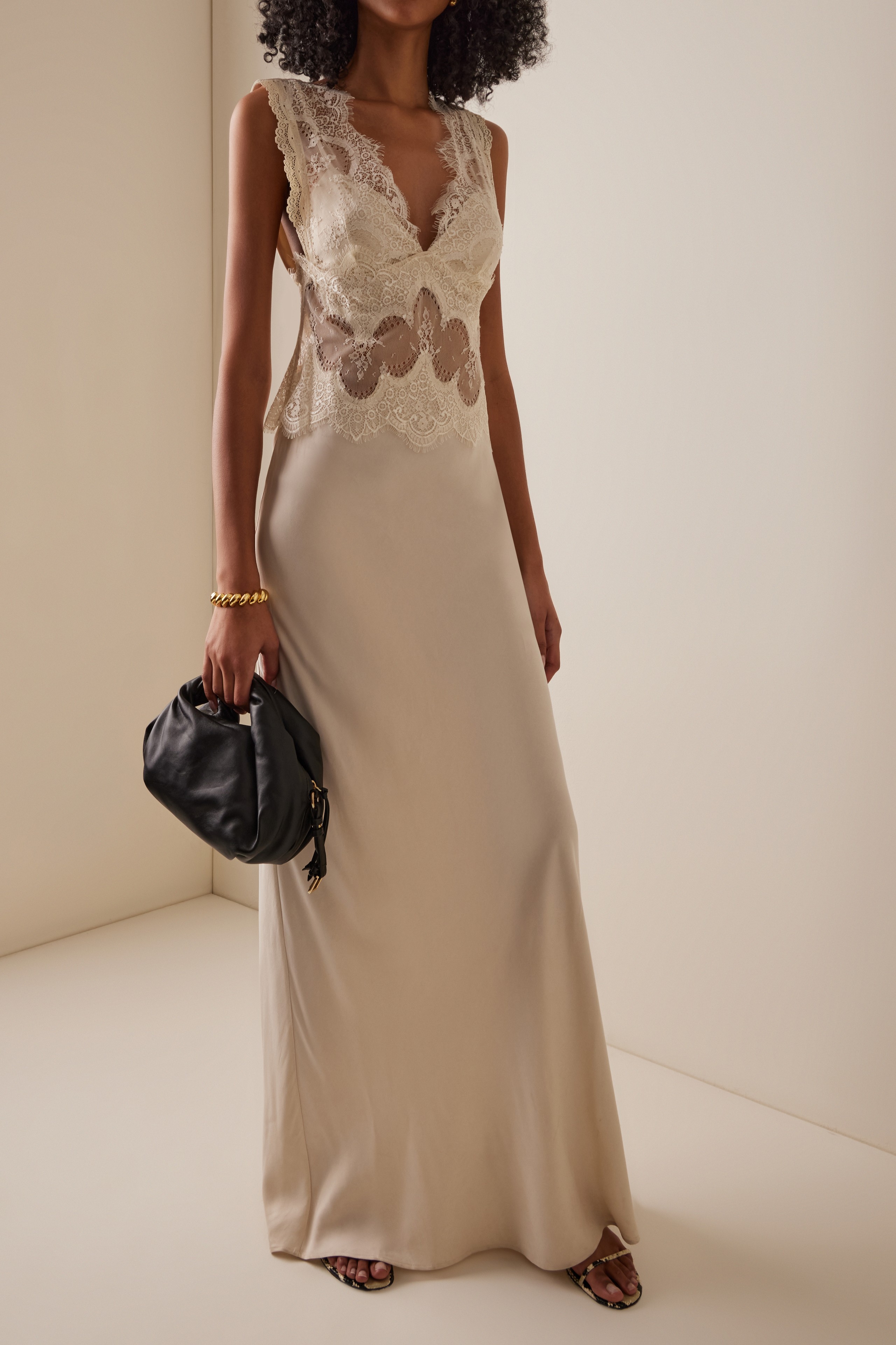 Lace Splicing Satin  V-Neck Maxi Dress